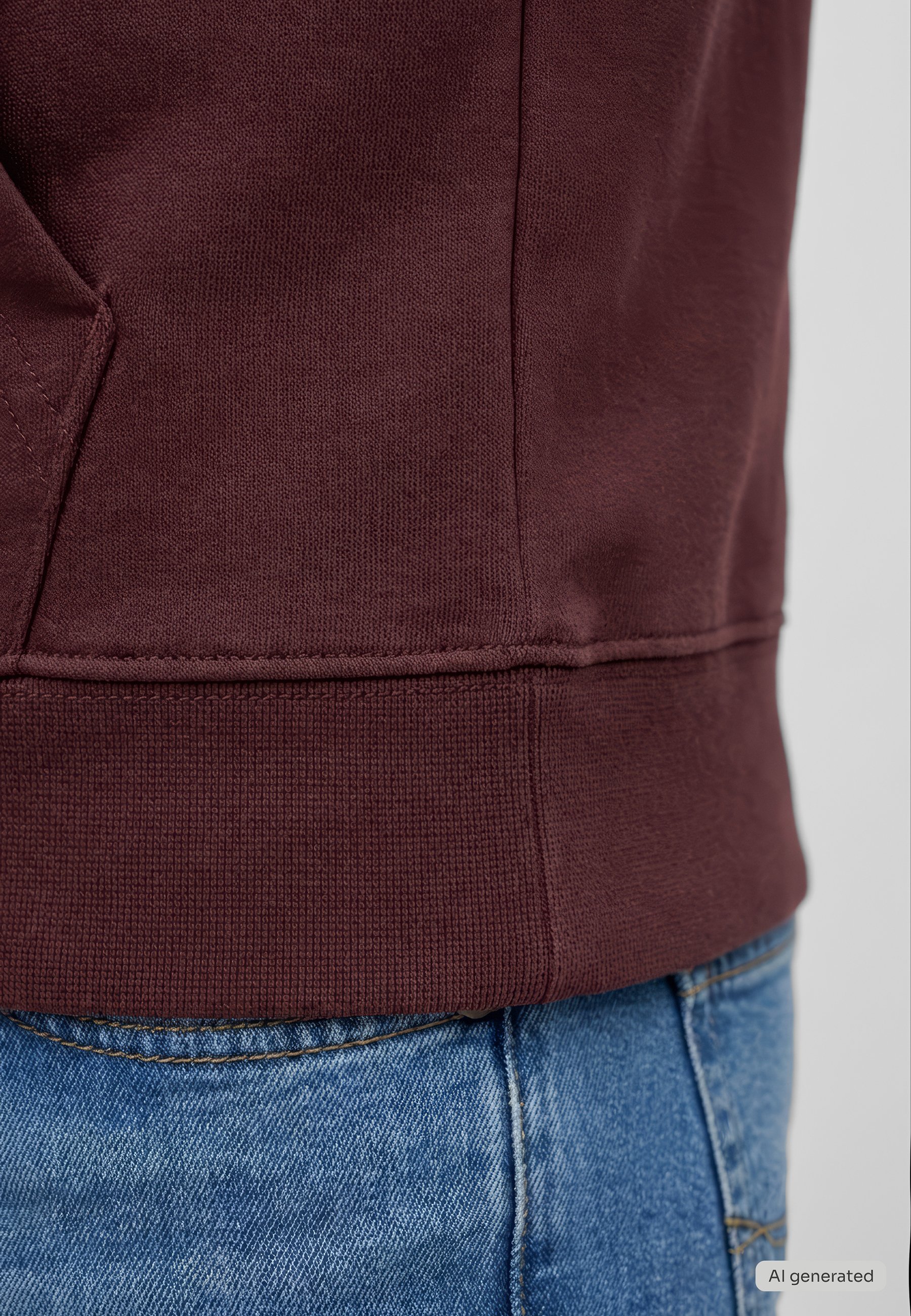 burgundy, Hoodie, Rippbündrand, Jeans, Gewebestruktur