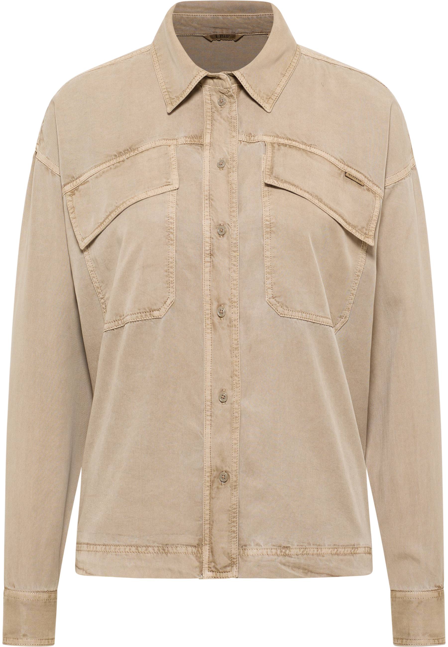 Kragenhemd, Schultertaschenoptik, Kunstlederoptik, Beige, Button-down