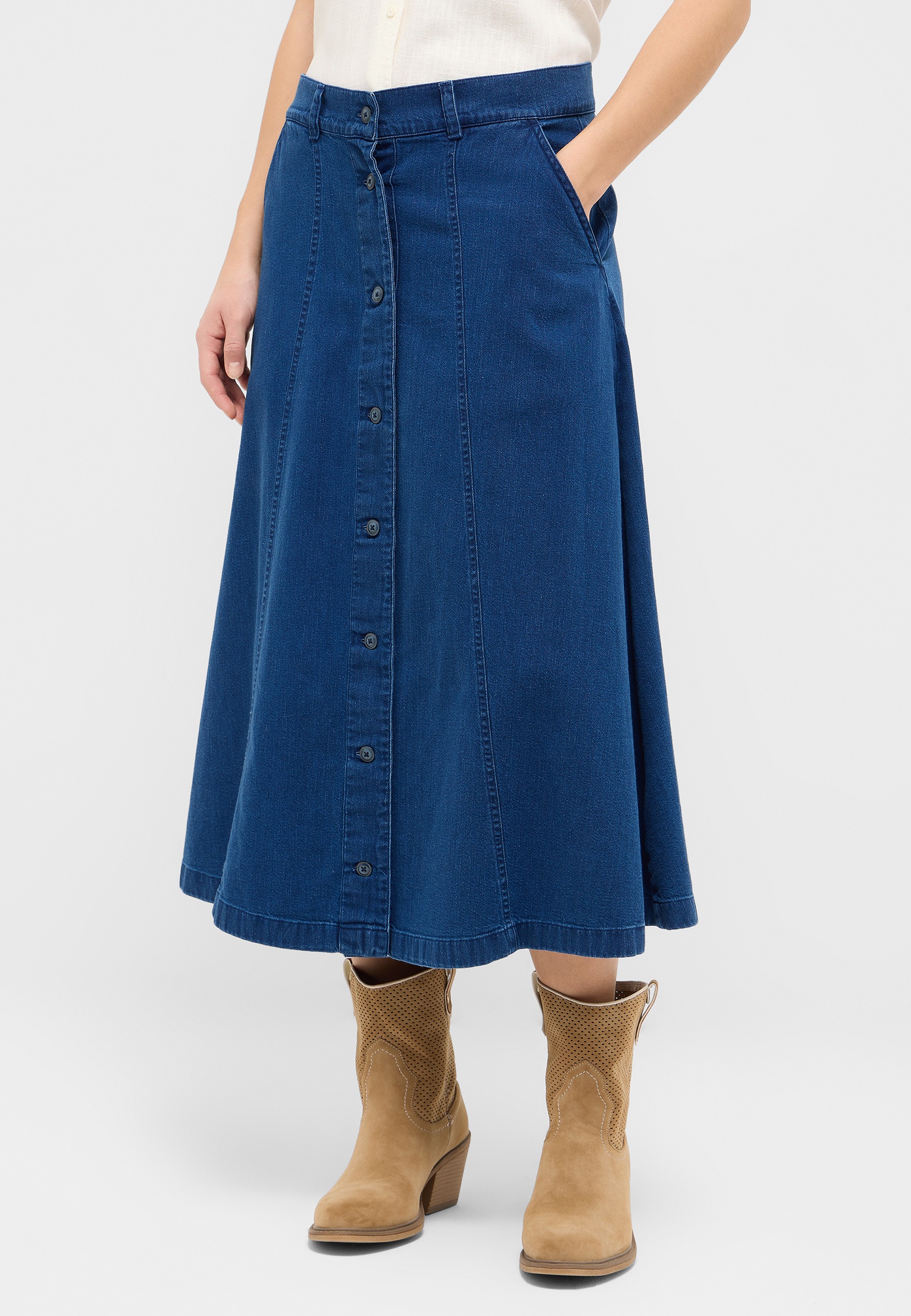 Jeansrock, Knopfleiste, Midirock, A-Linien-Schnitt, Jeansstoff
