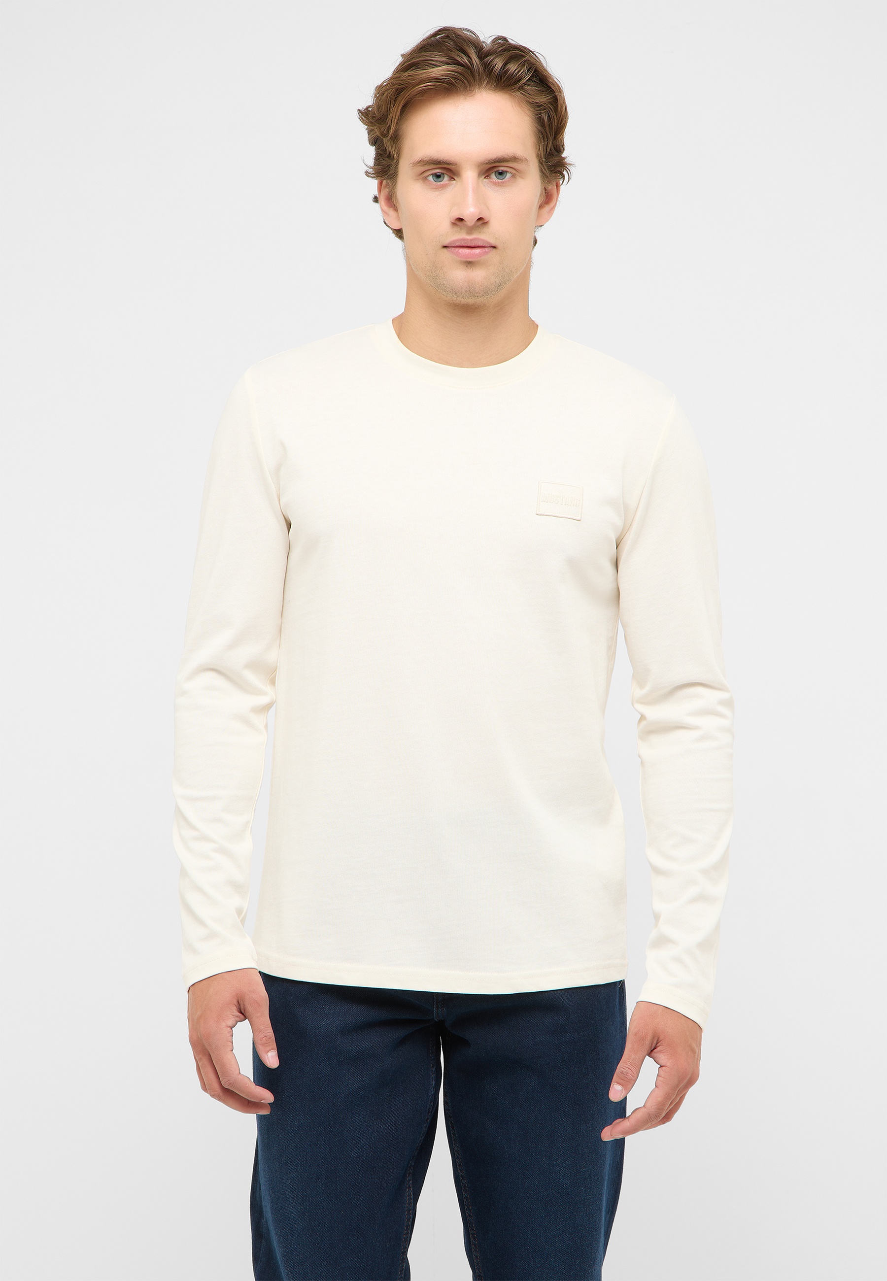 Langarmshirt, Beige, Kleines Logo, Weiß, Hemdähnlich
