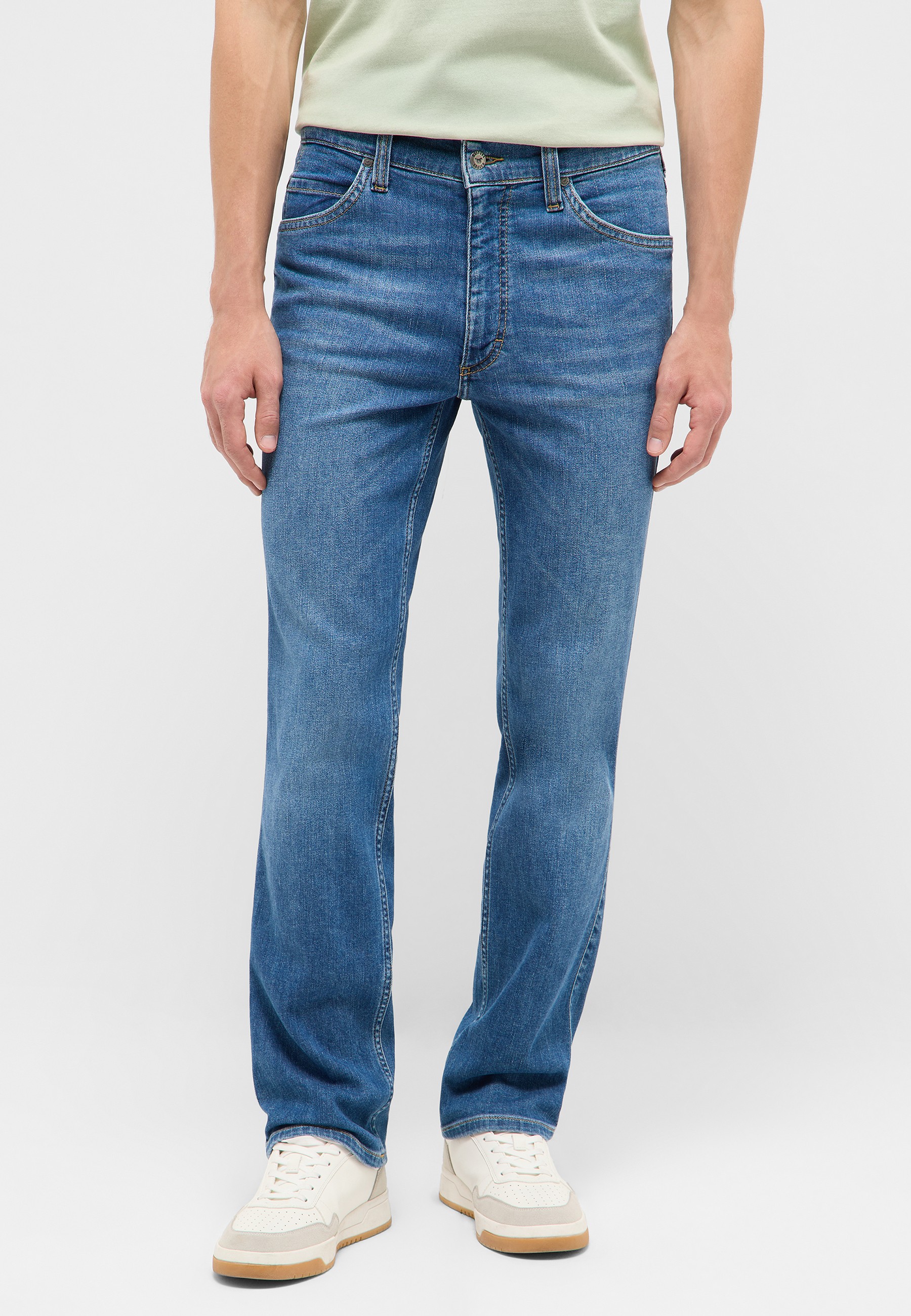 Jeans, Straight leg, Blue denim, Mid wash, Five-pocket