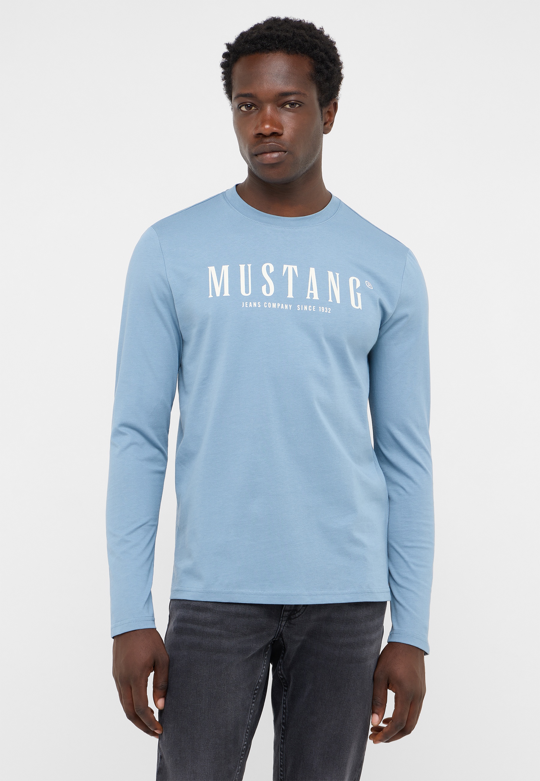 t-shirt, langärmlig, blau, mustang, rundhals
