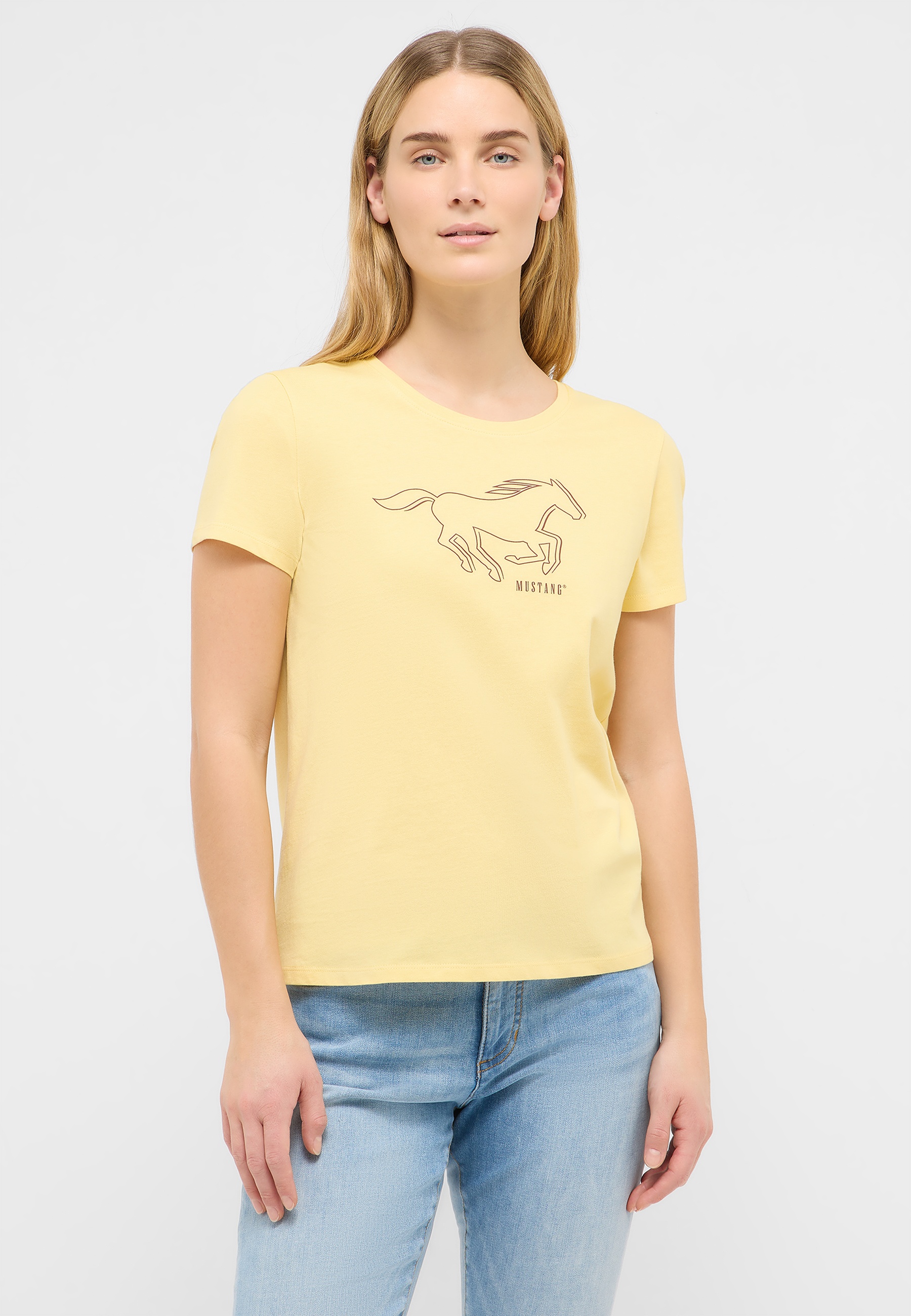 t-shirt, gelb, kurzarm, grafik, mustang