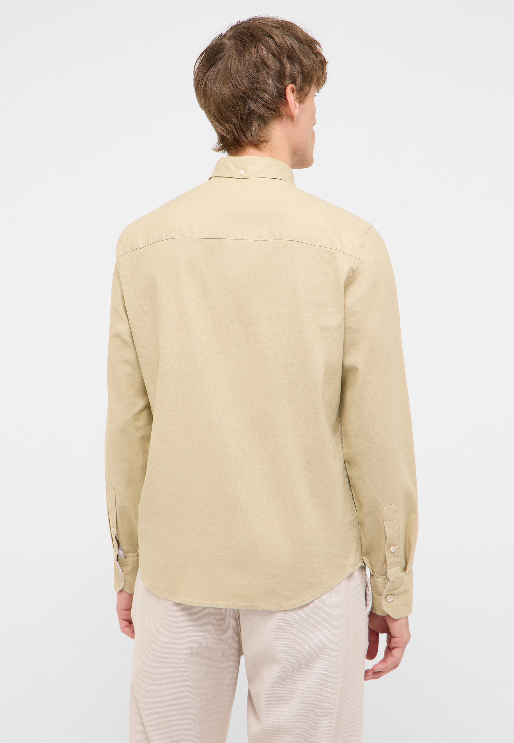 Beige shirt, Long sleeve, Collarless rear?, Cuff button, Shirt back view