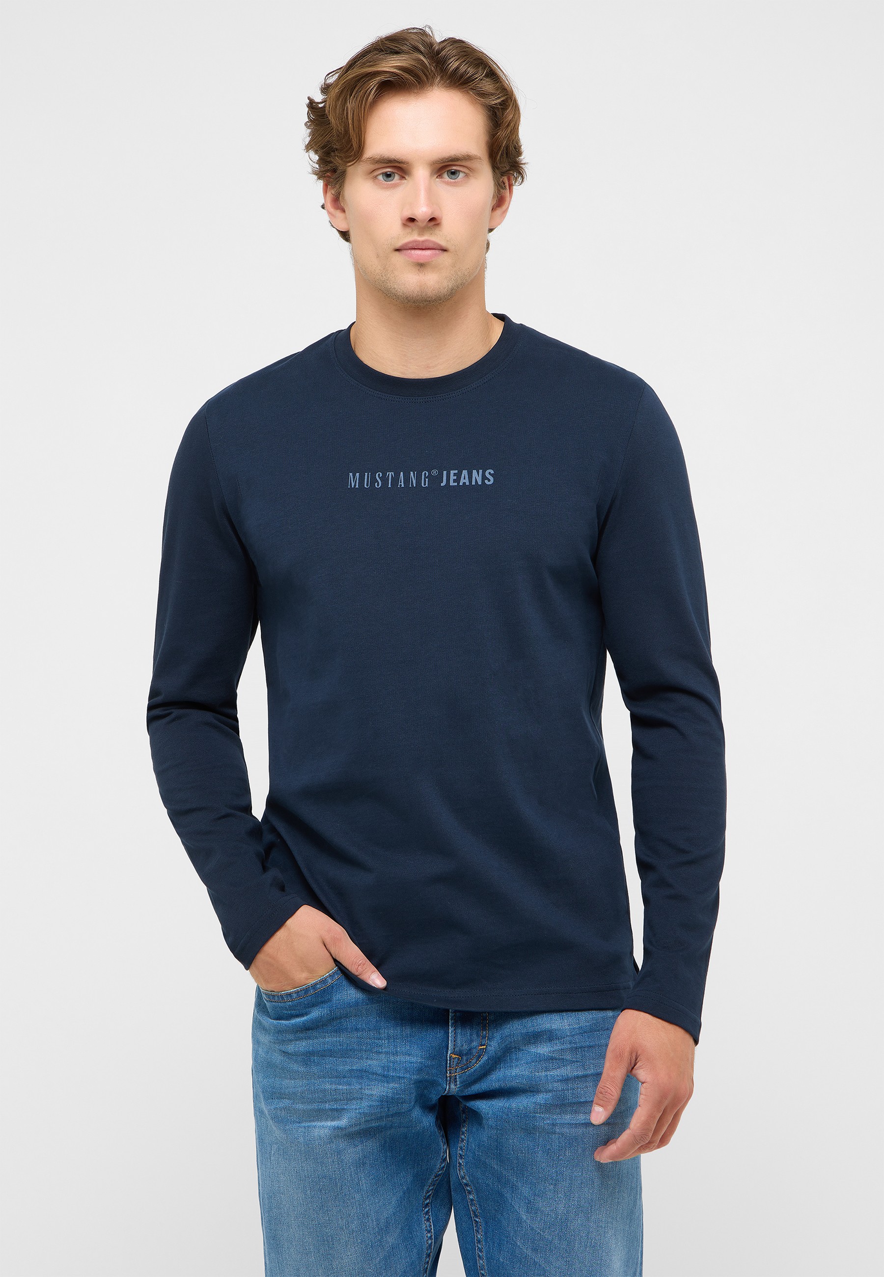 Langarmshirt, Marineblau, T-Shirt, Mustangs Jeans, Logo-Text