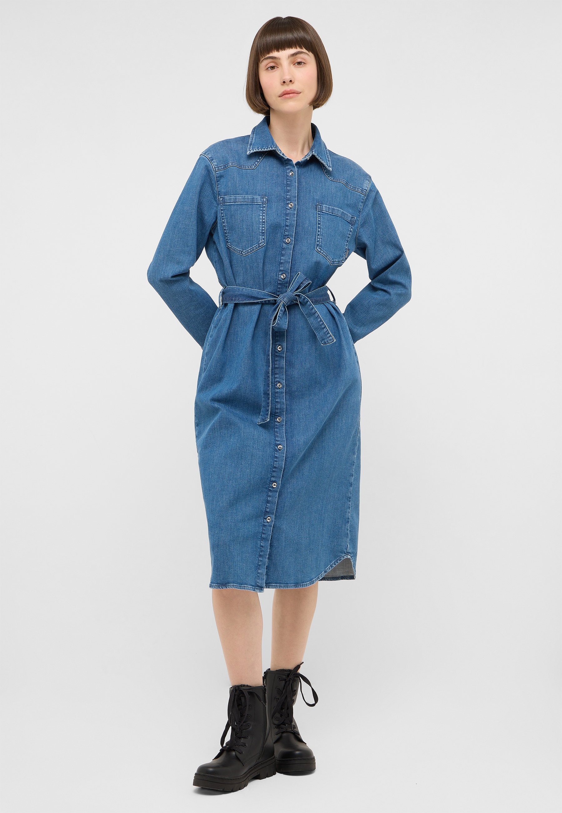 Denimkleid, Knopfleiste Kleid, Taillengürtel, Langarm, Midi-Länge