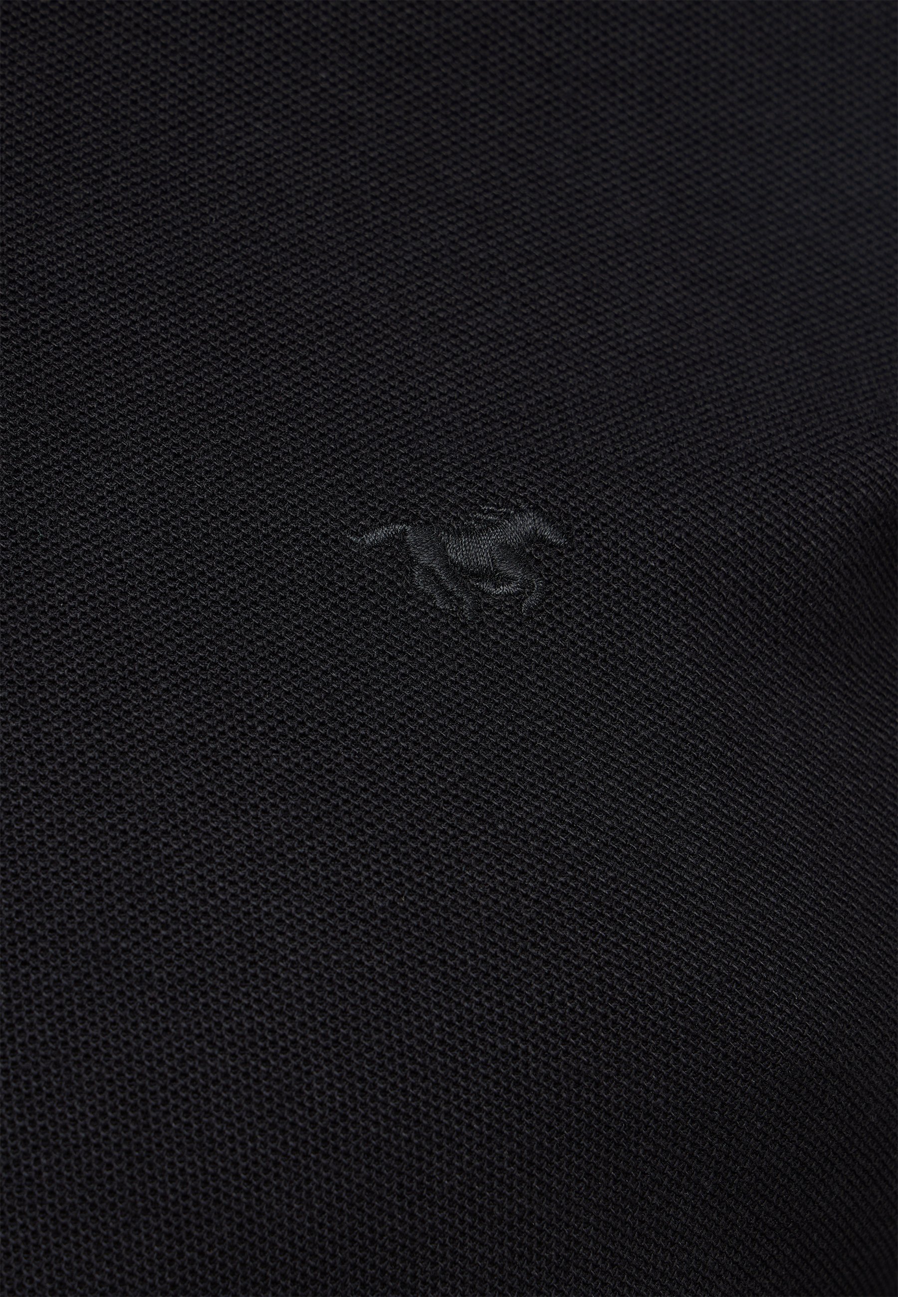 polohemd, schwarzes material, stickerei logo, strukturierter strick, kleines logo