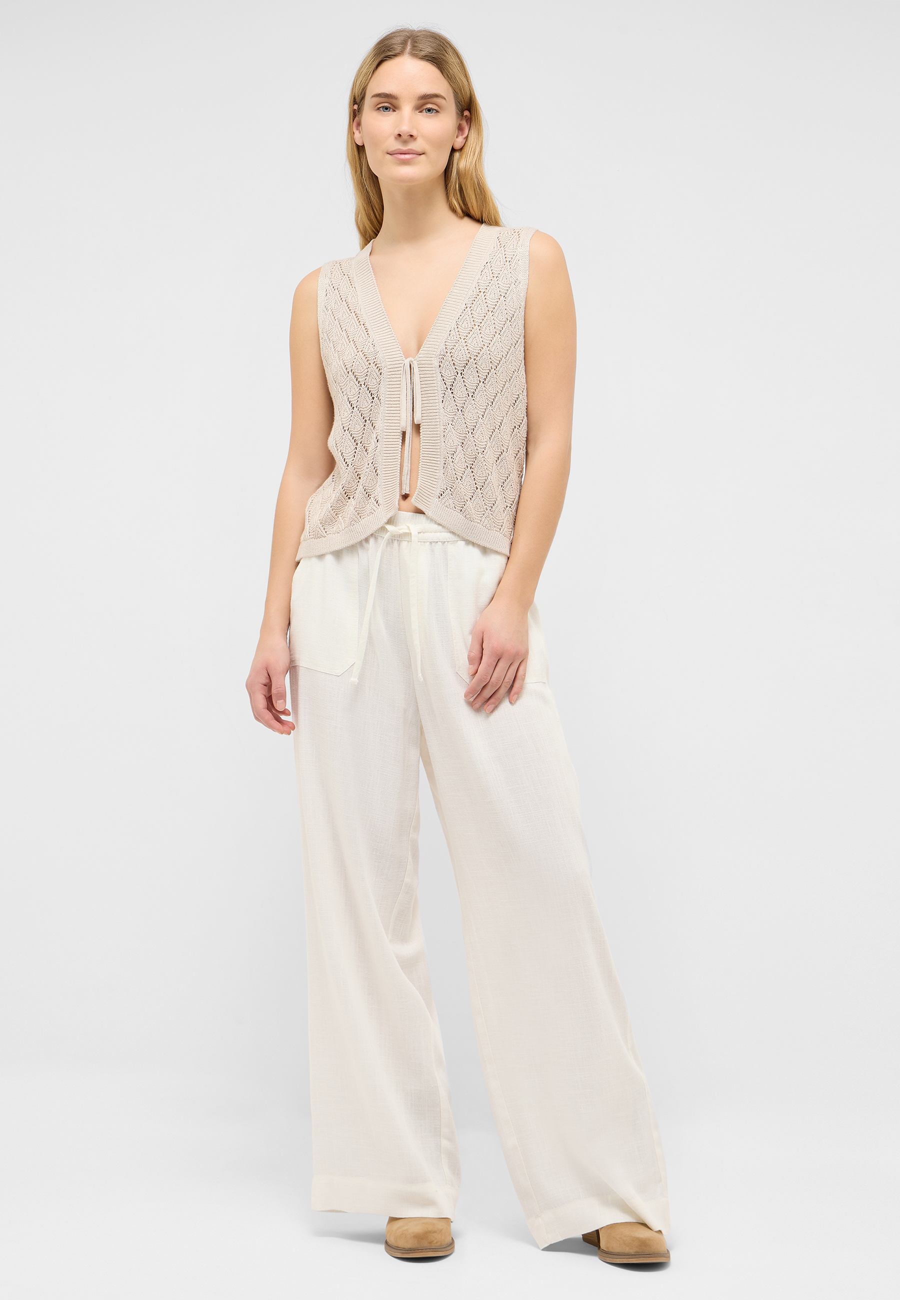 Weste, Strick, Spitzenfront, V-Ausschnitt, Beige