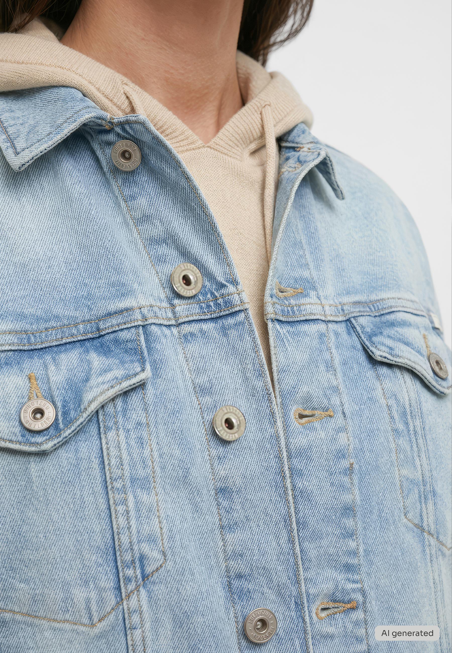 jeansjacke, denim, jacke, knöpfe, beiger hoodie
