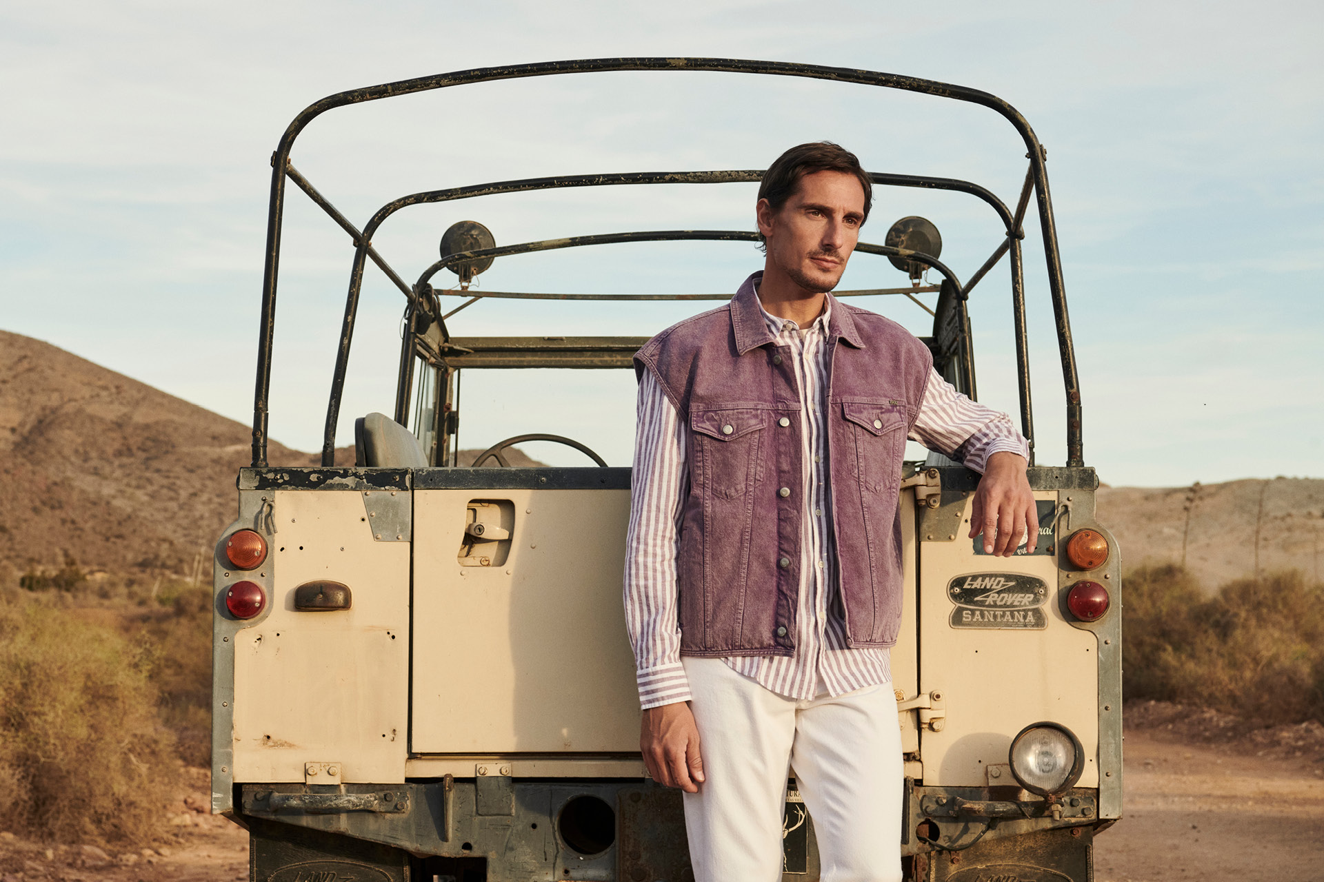 jeans vest, moleskin vest, purple vest, striped shirt, off-road vehicle