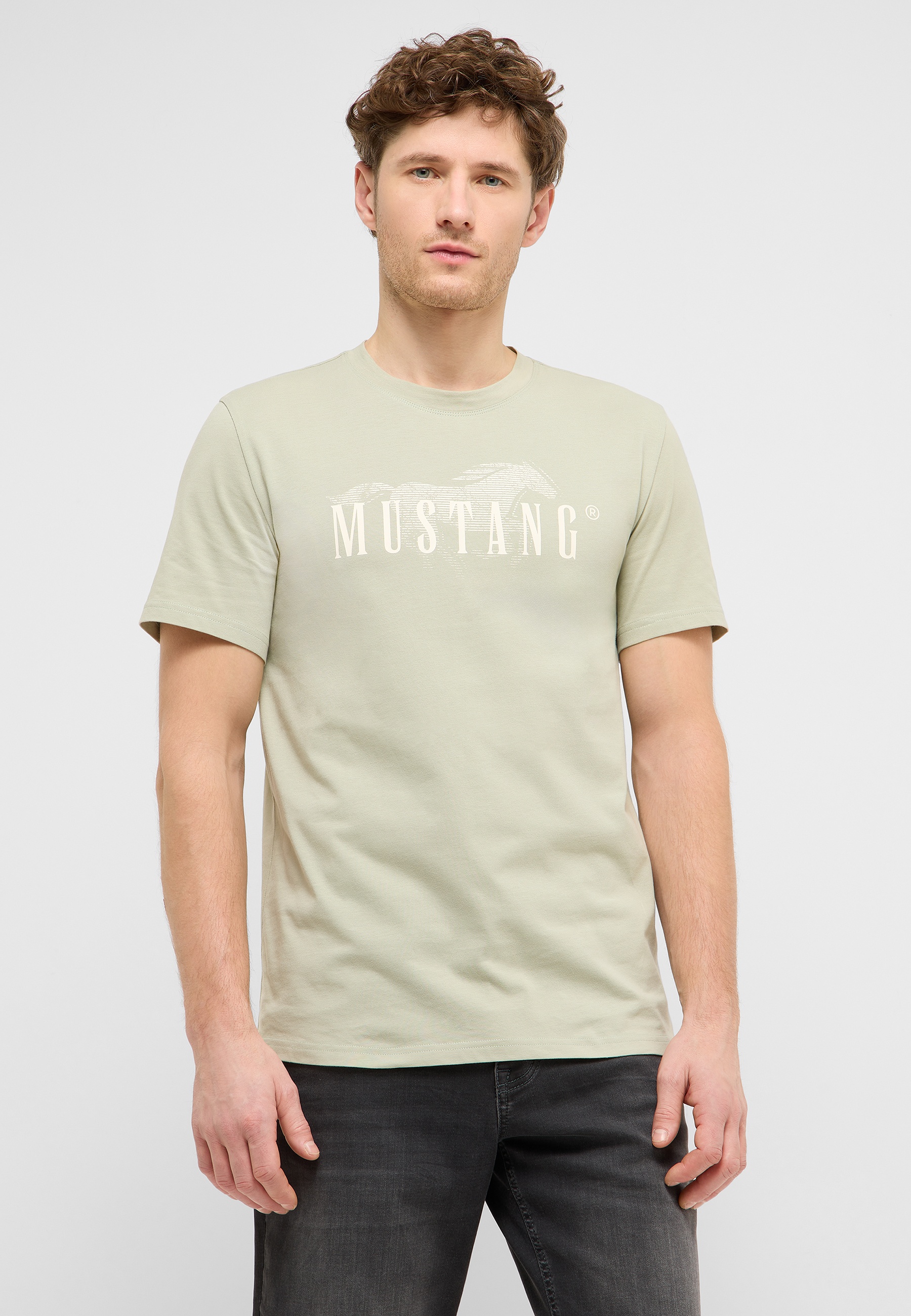 t-shirt, kurzarm, mustang, beige, grafik