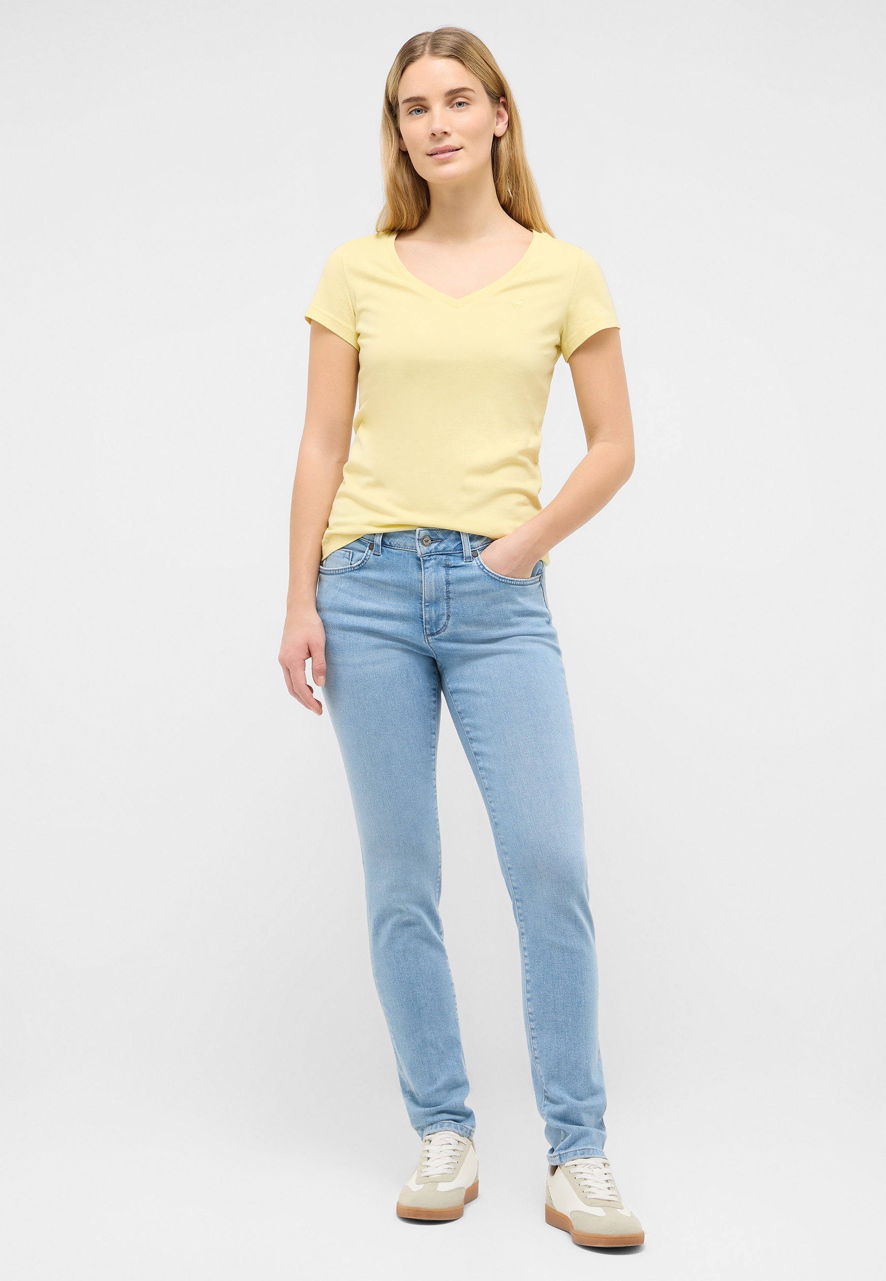 T-Shirt, V-Ausschnitt, Kurze Ärmel, Pastellgelb, Jeans