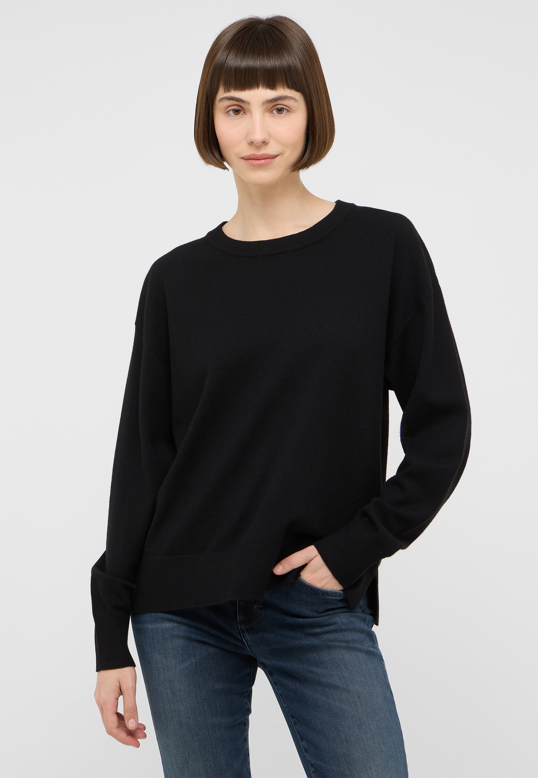 Pullover, Schwarz, Langarm, Kragenlos, Casualfit