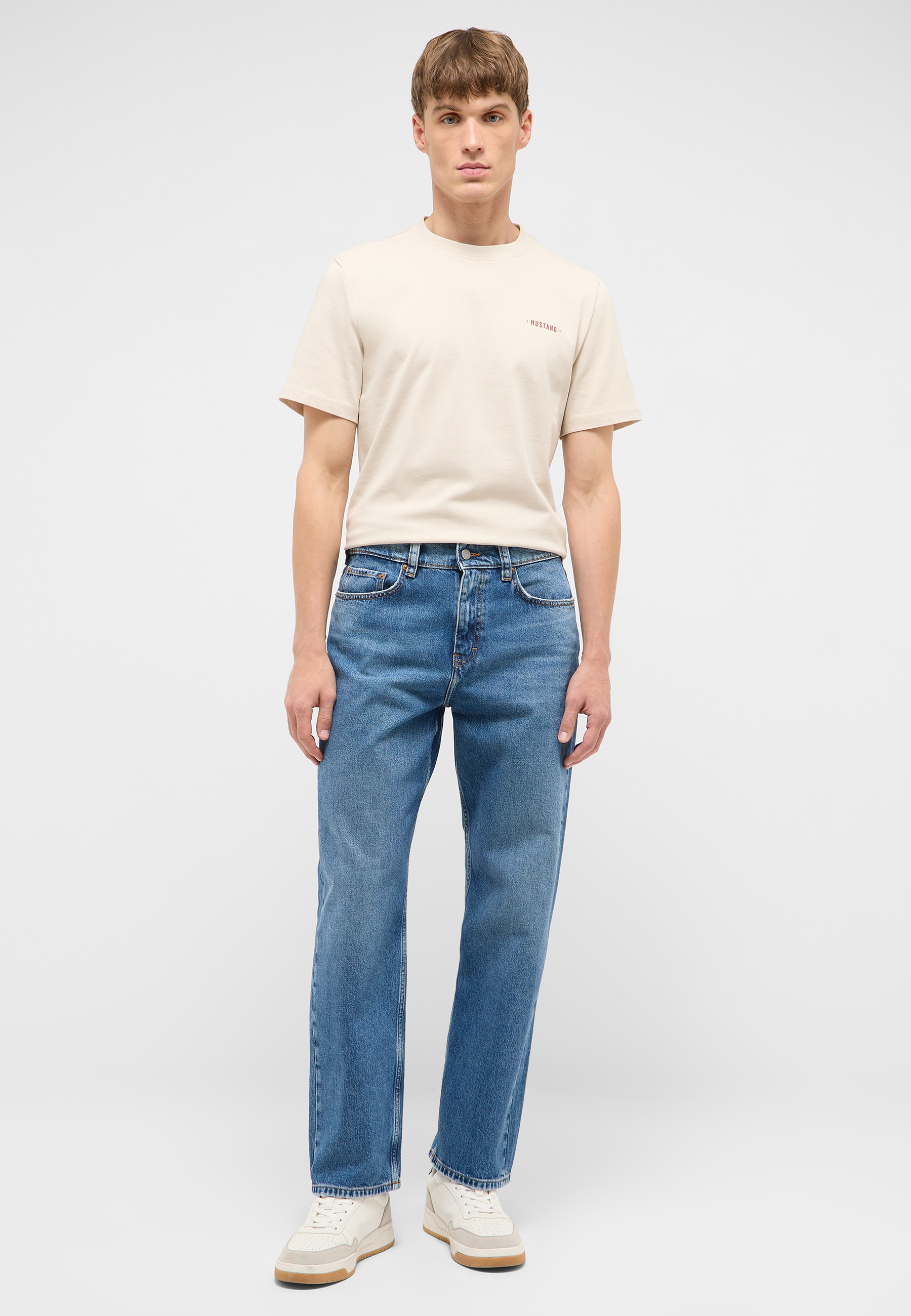 T-Shirt, Beige, Kurzarm, Rundhals, Washed Jeans