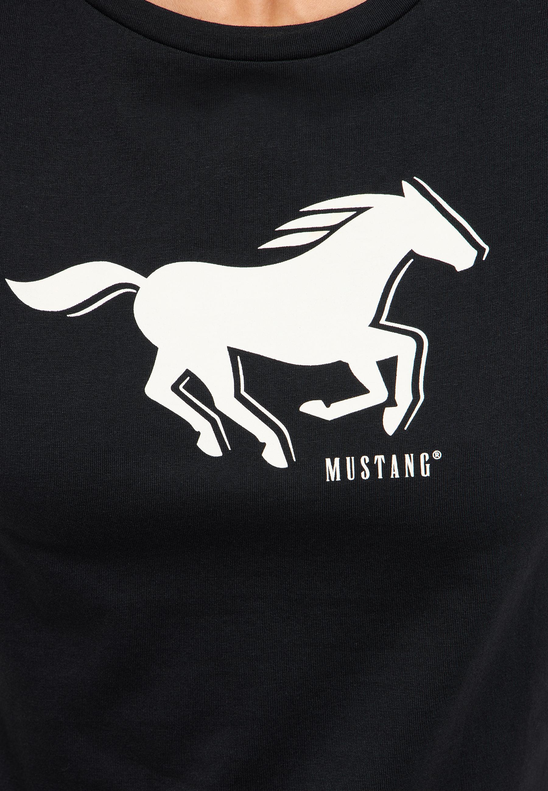 t-shirt, schwarz, mustang-logo, pferd grafik, weißer aufdruck