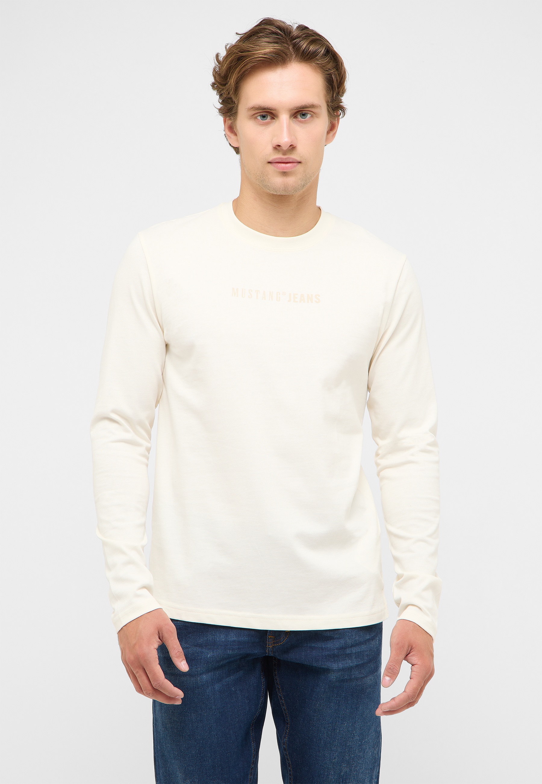 Langarmshirt, Weiß, Stoff, Rundhals, Muster/Logo