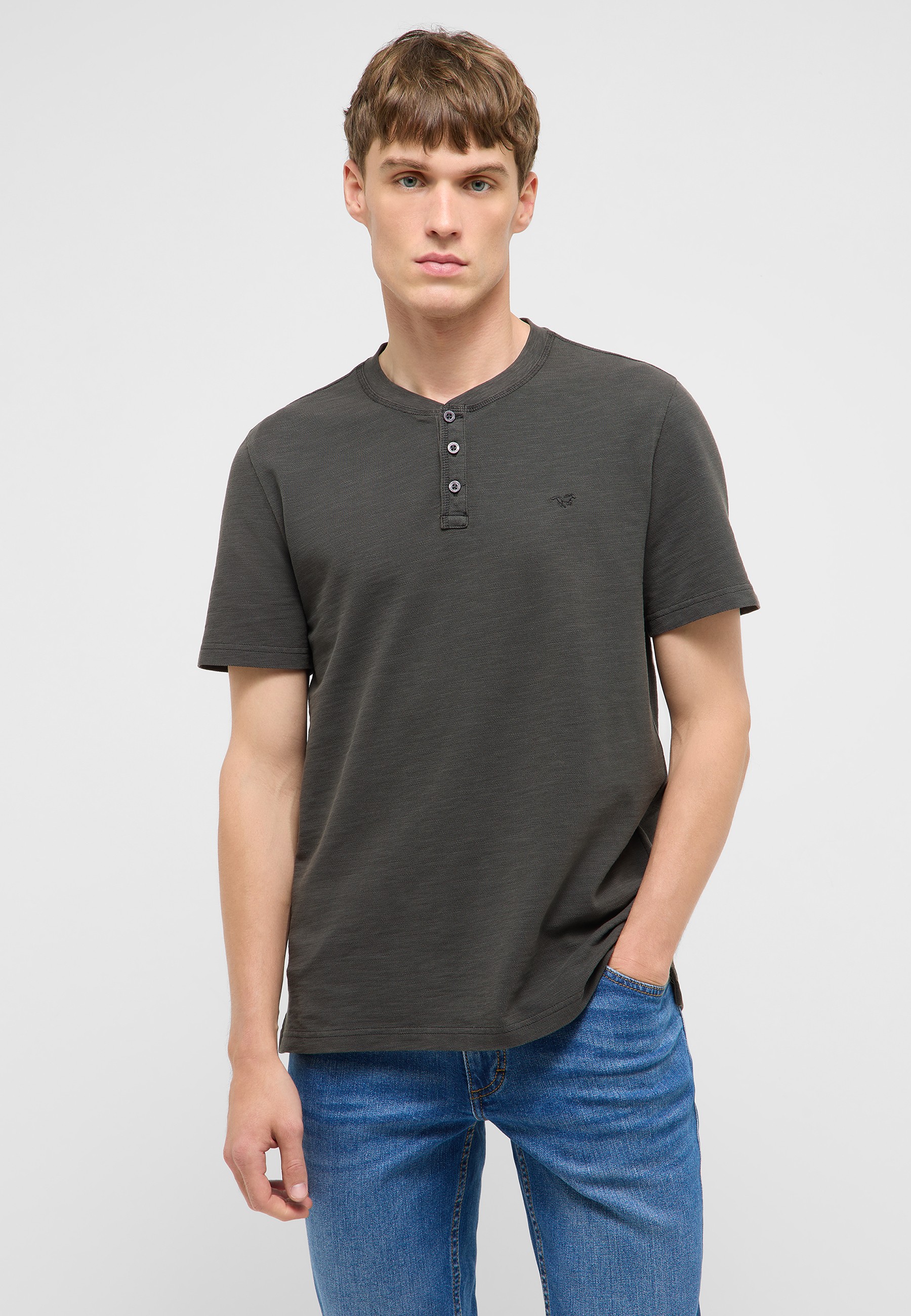 Henley-Shirt, Kurzarm, Rundhals-Knopfleiste, Knit-Shirt, Dunkelgrau