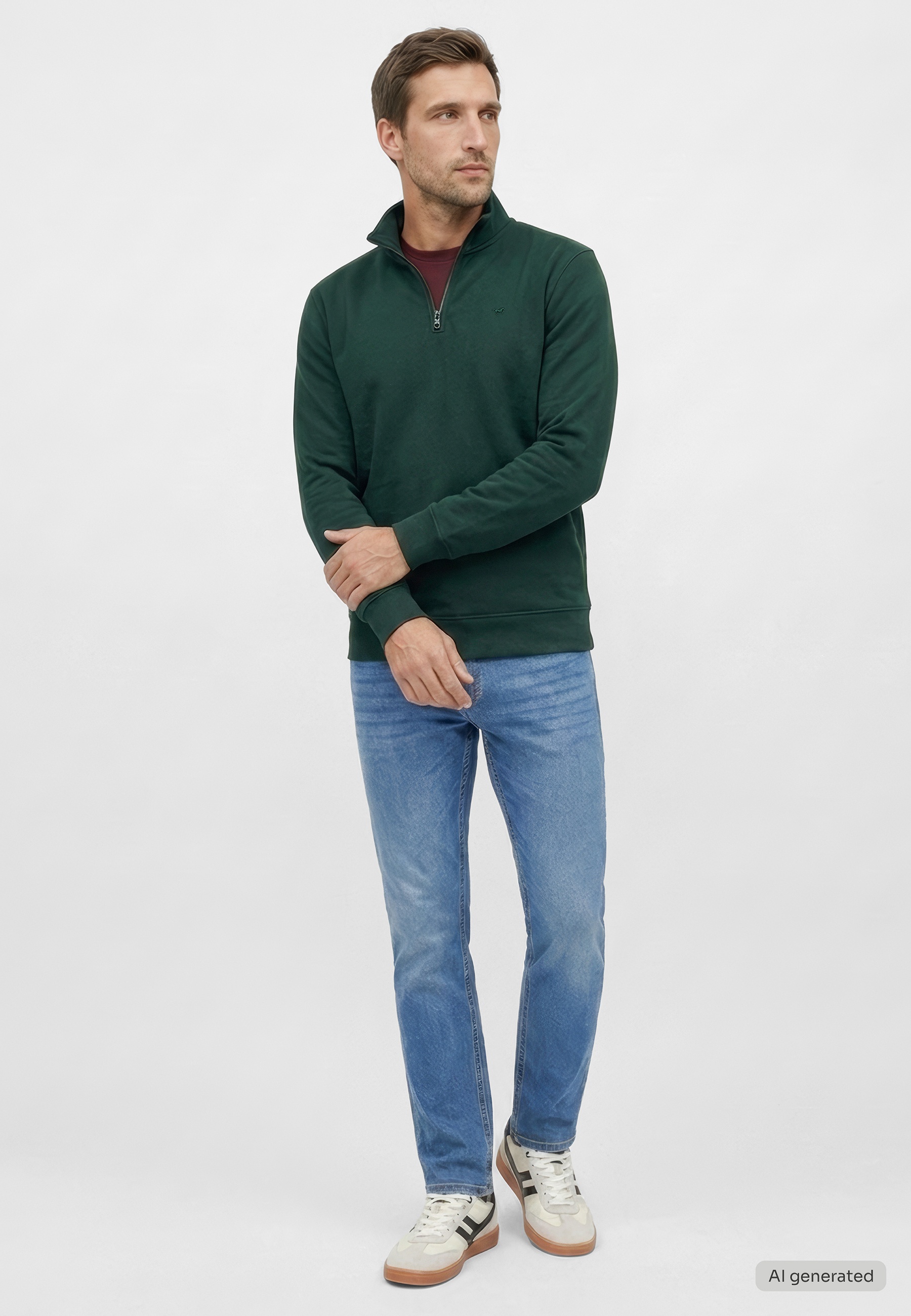 halbes Reißverschluss-Pullover, grüner Fleece, Langarm-Pullover, casual Oberteil, Reißverschluss-Detail