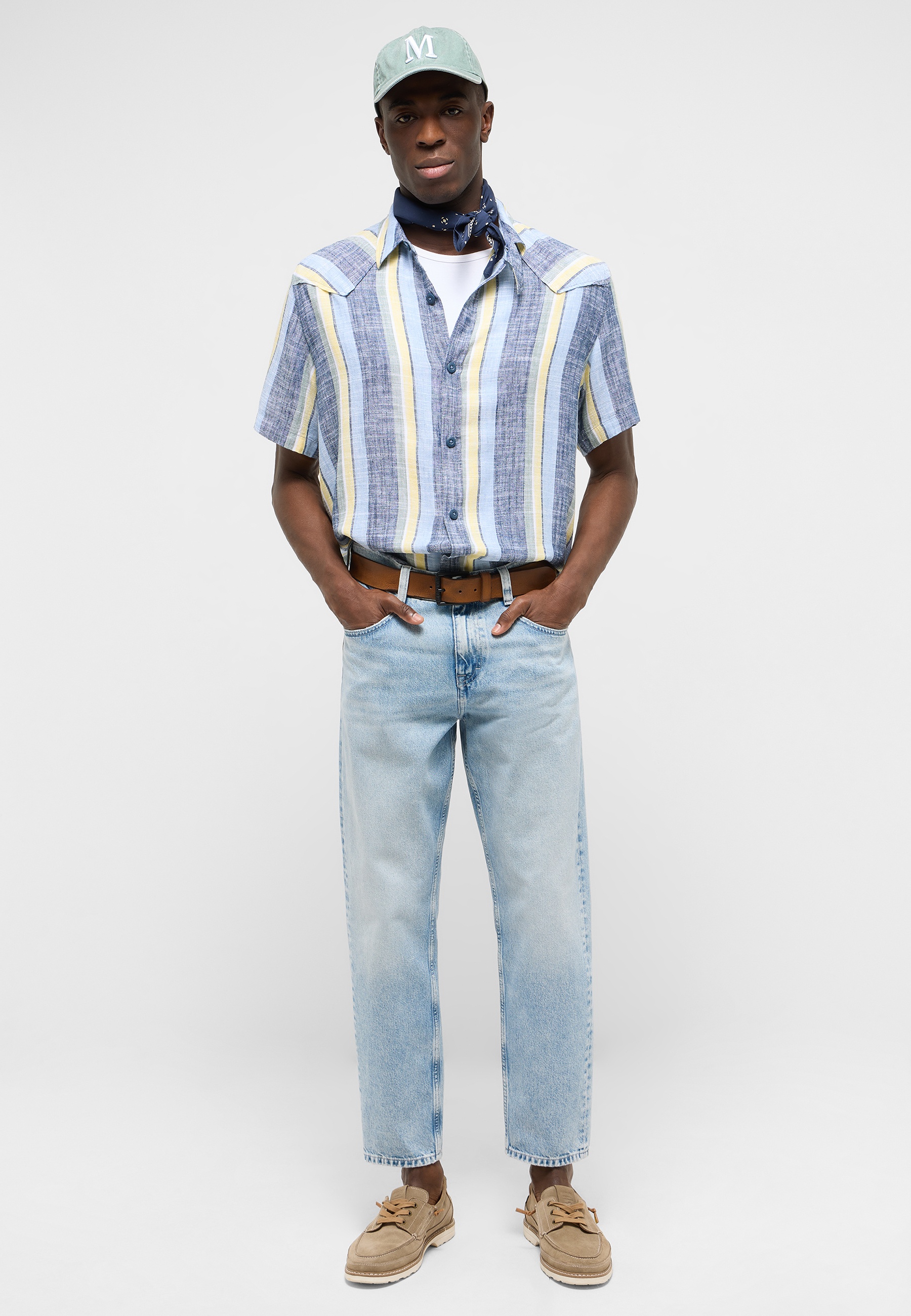 Hemd, Pastellstreifen, Kurzarm, Jeans, Cap
