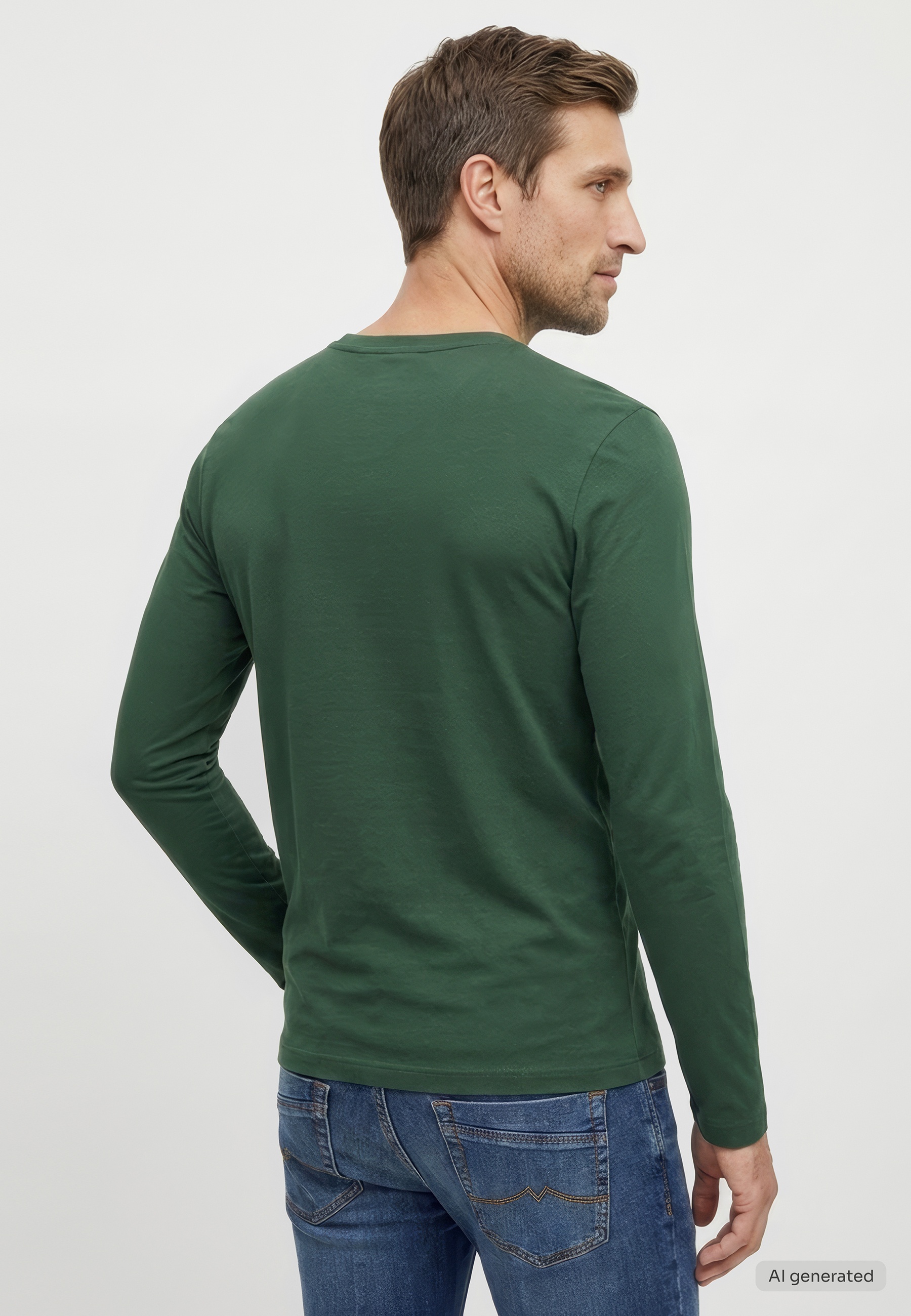 Herren-Langarmshirt, Rundhalsausschnitt, Dunkelgrün, Unifarben, Baumwollshirt