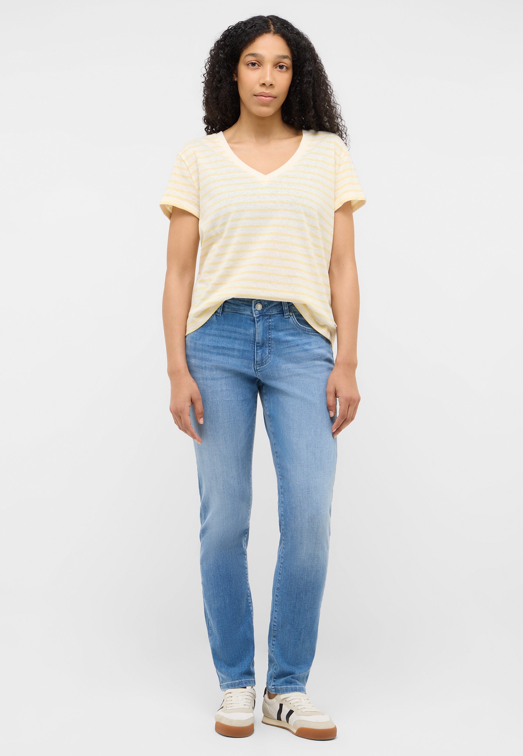 V-Ausschnitt T-Shirt, Gestreiftes T-Shirt, Kurzarm, Gelb, Jeans