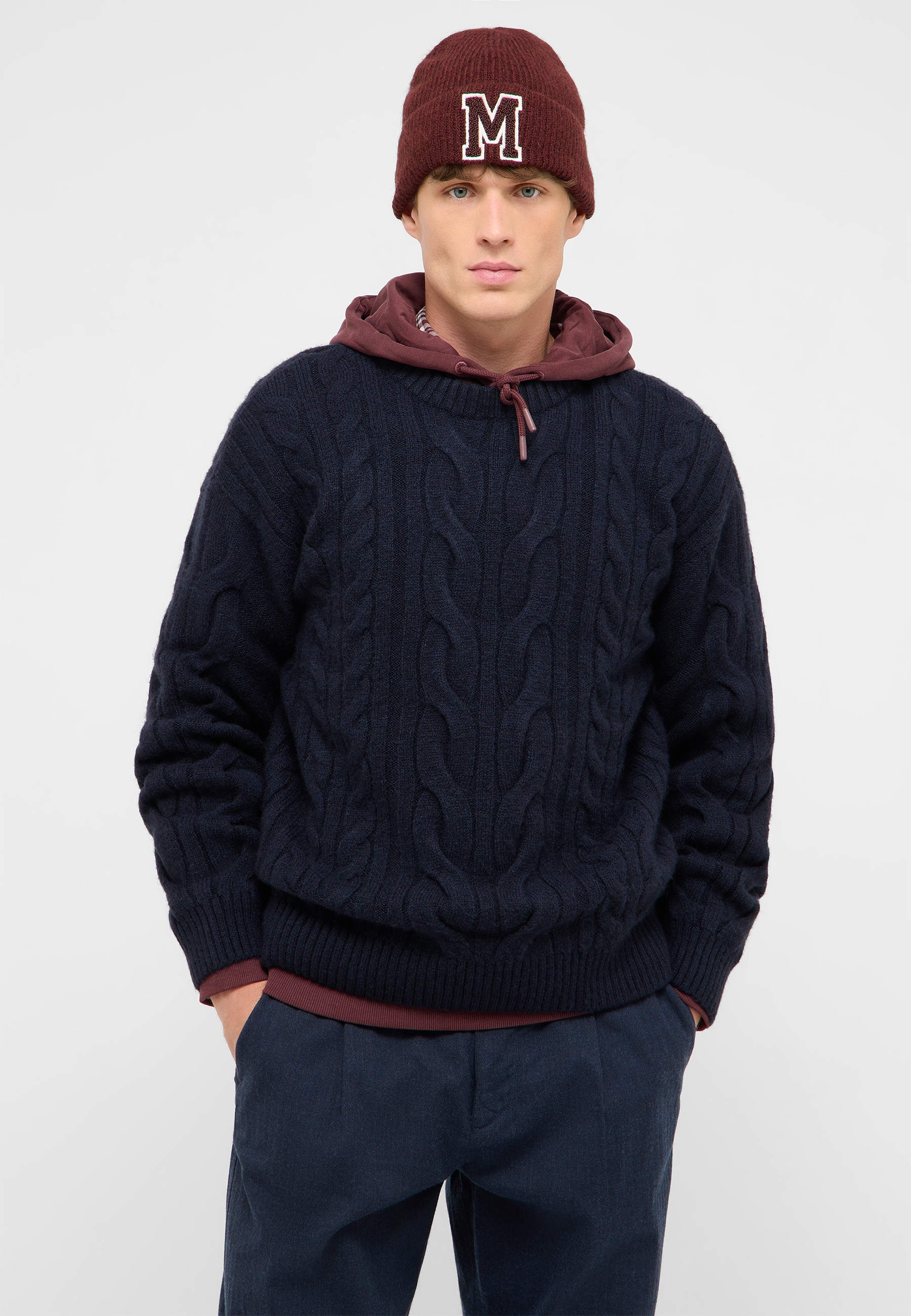 Knit Sweater, Cable Knit, Navy Blue, Hoodie Layer, Beanie Hat