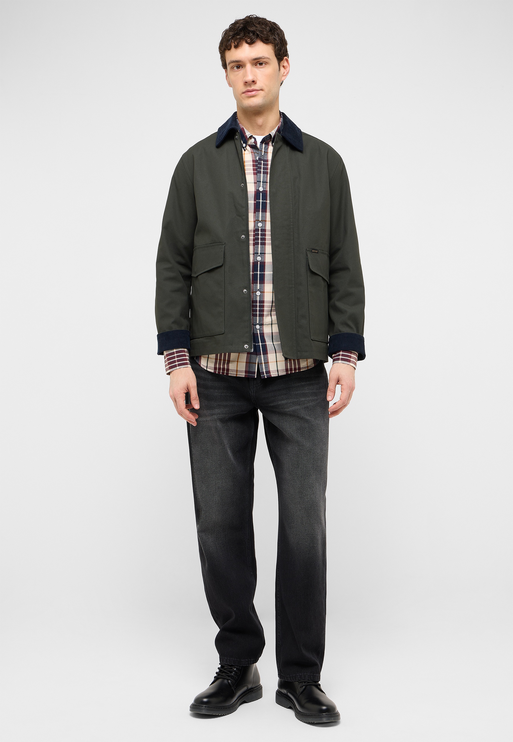 jacke, baumwolle, khaki, pattierte shirt, jeans