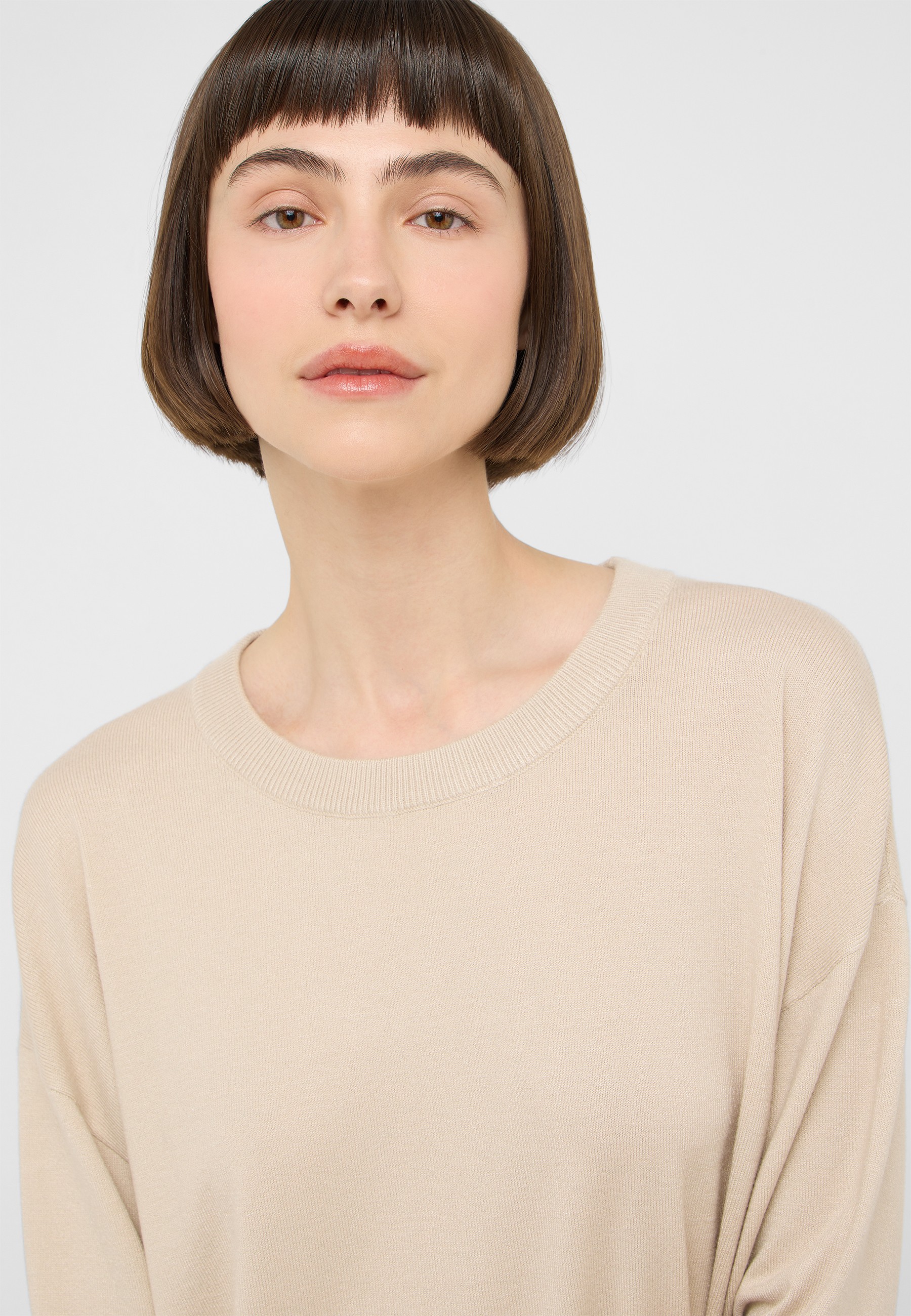 Pullover, Beige, Rundhalsausschnitt, Strick, Minimal