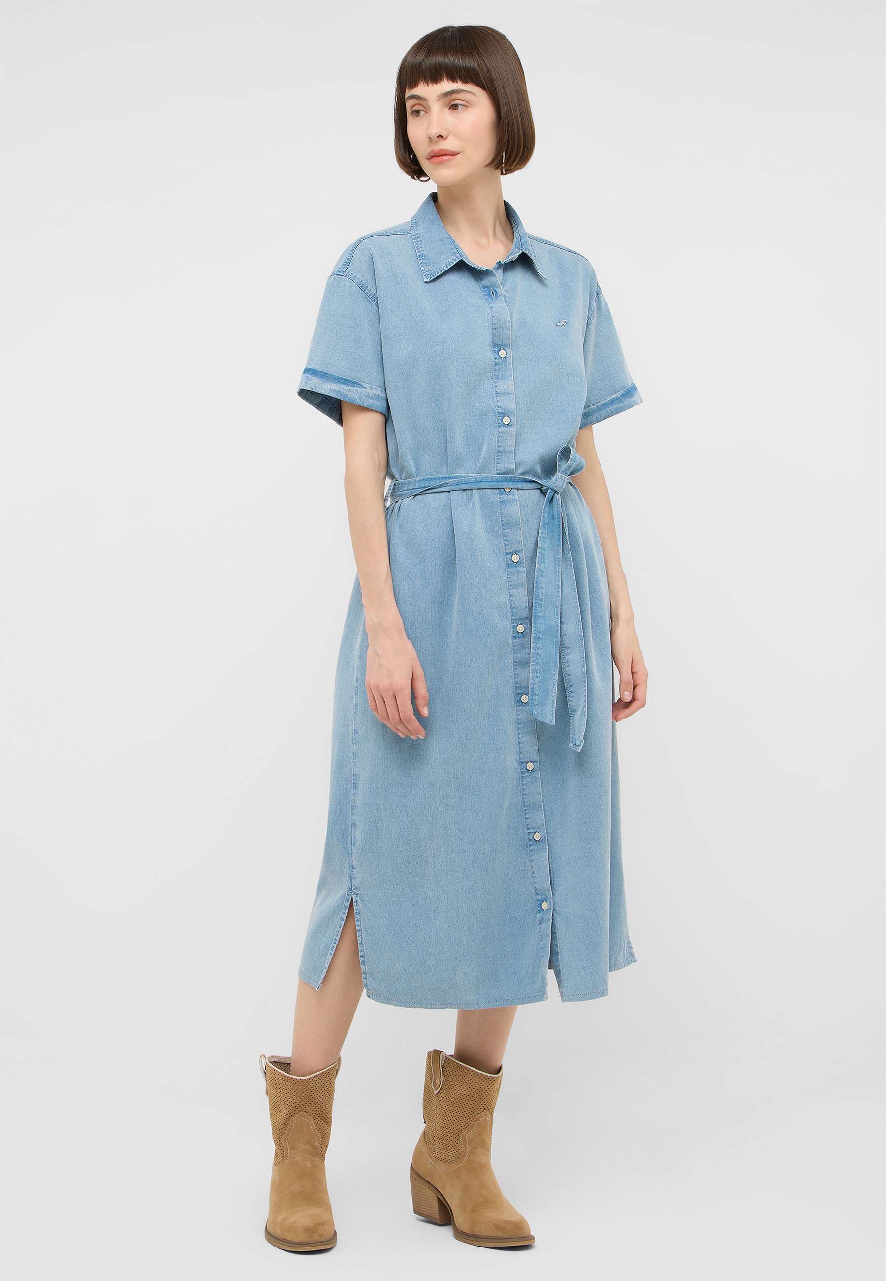 Jeanskleid, Knöpfe, Taillengürtel, Kurzarm, Midi-Kleid