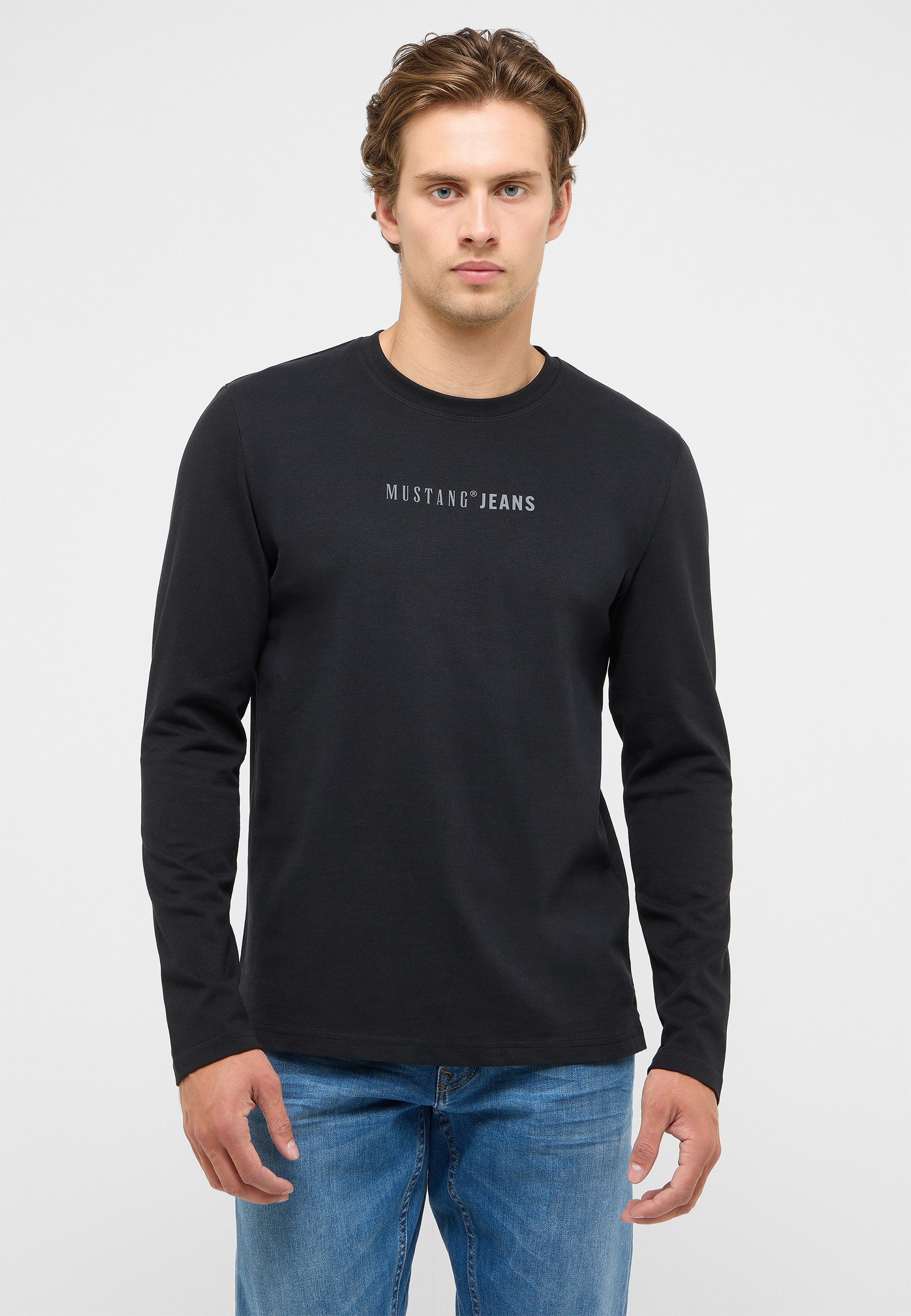 Langarmshirt, schwarz, Rundhals, keine Grafik, Mustang Jeans