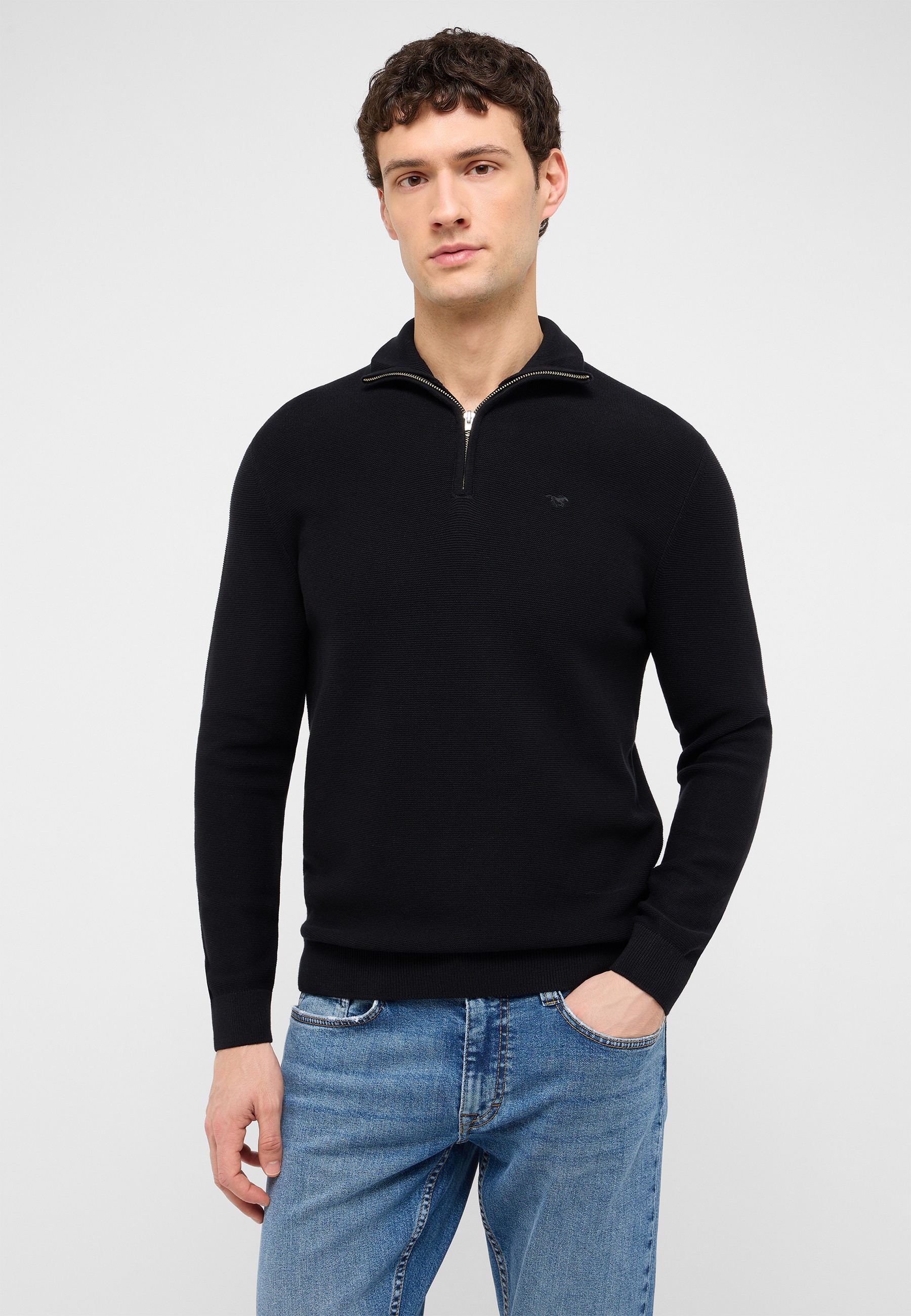 Pullover, Zip-Halsausschnitt, Rippstrick, Schwarz, Langarm