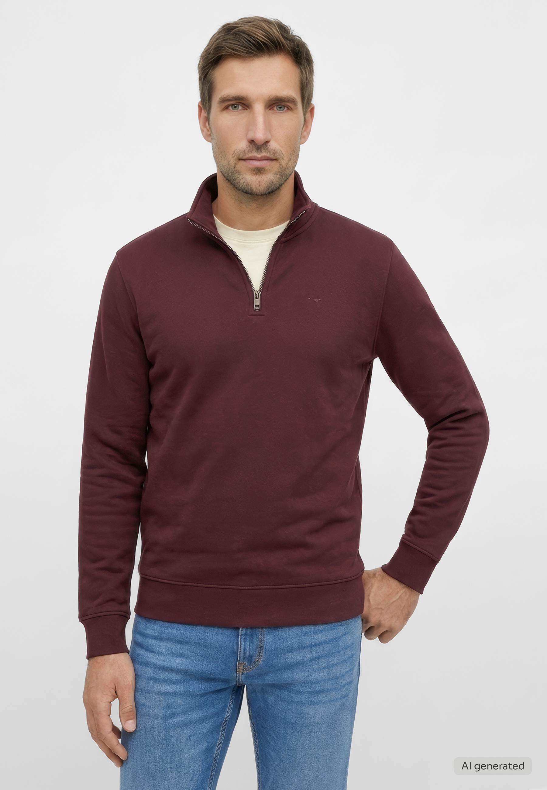 Pullover, Zipper-Pullover, Langarm, Kragen: Halb-Reißverschluss, Bordeaux