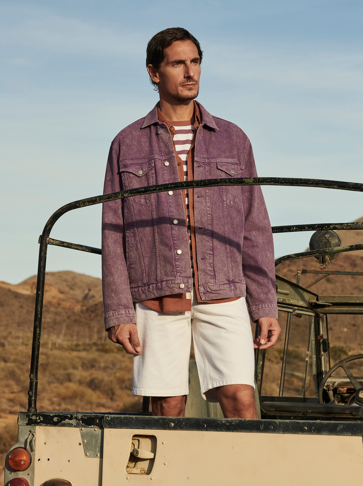 jacke, lila, denim, strickmuster, kurze-hose