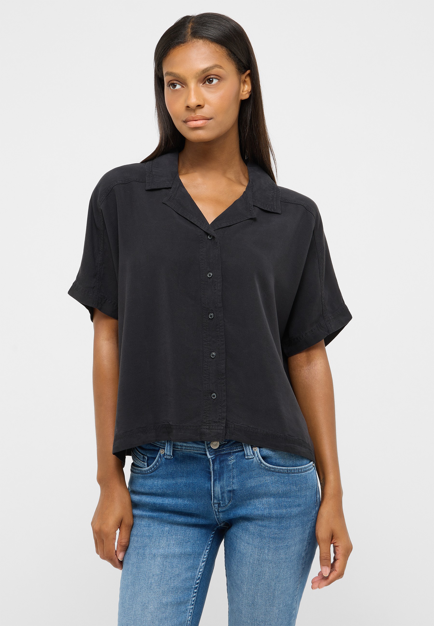 Hemdbluse, Kurzärmlig, Schwarz, Knopfleiste, Locker