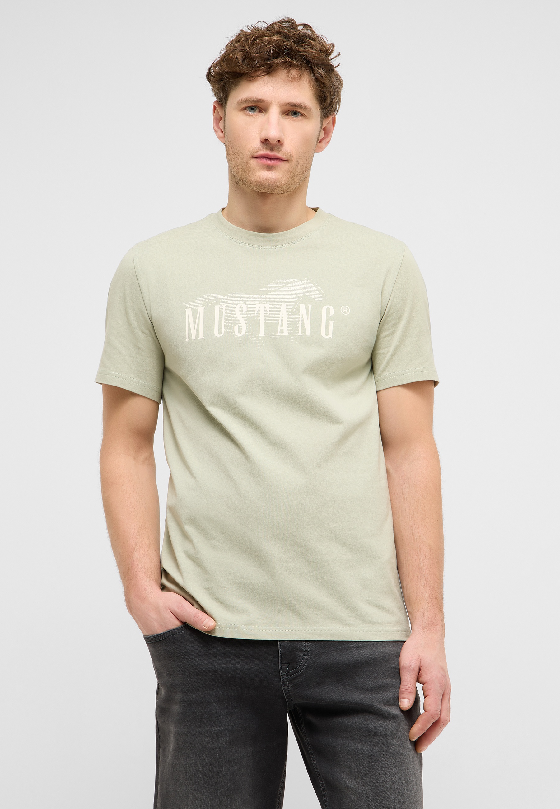 T-Shirt, Beige, Kurzarm, MUSTANG, Logo