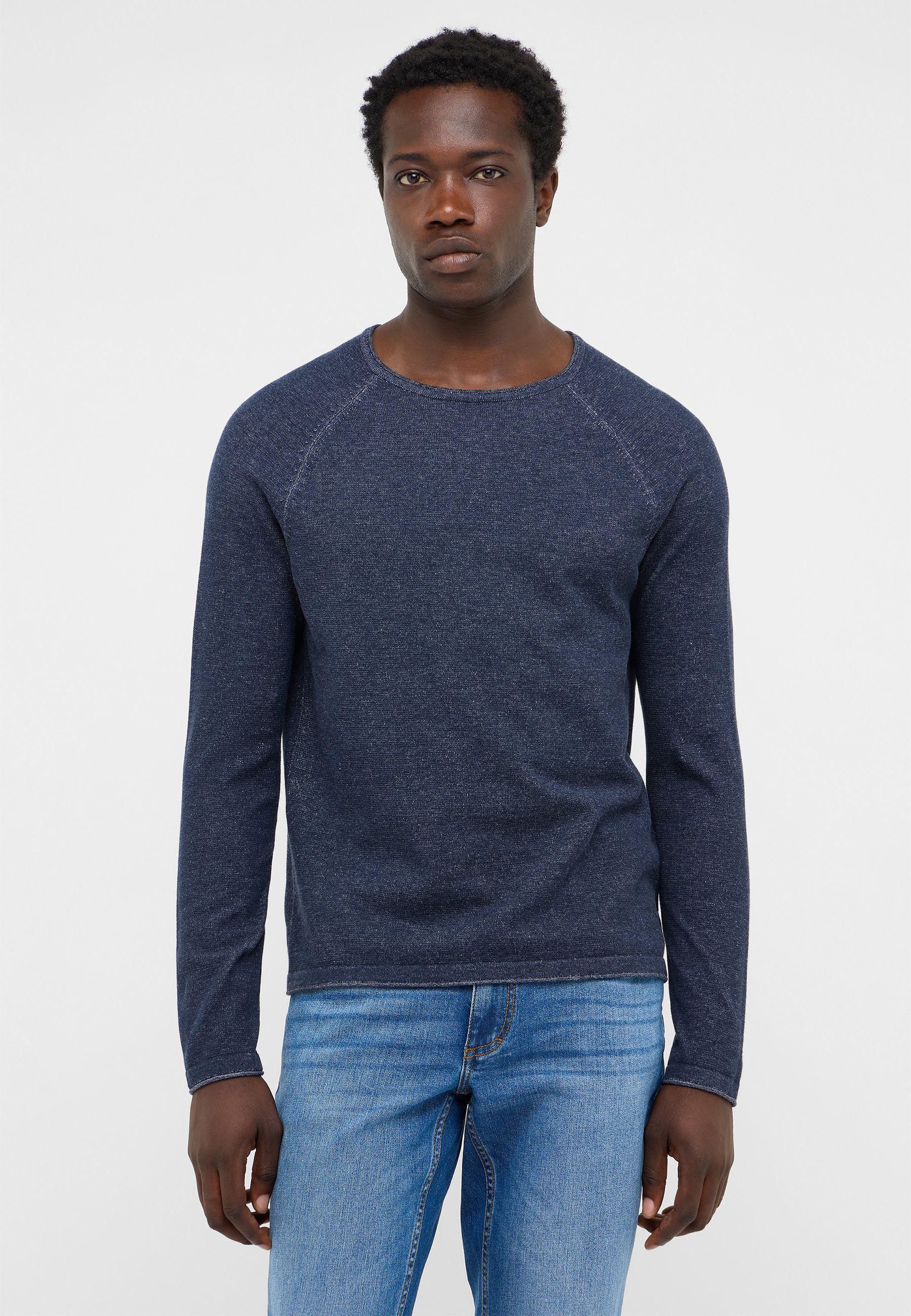 pulli, rundhalsausschnitt, langarm, blau, strick