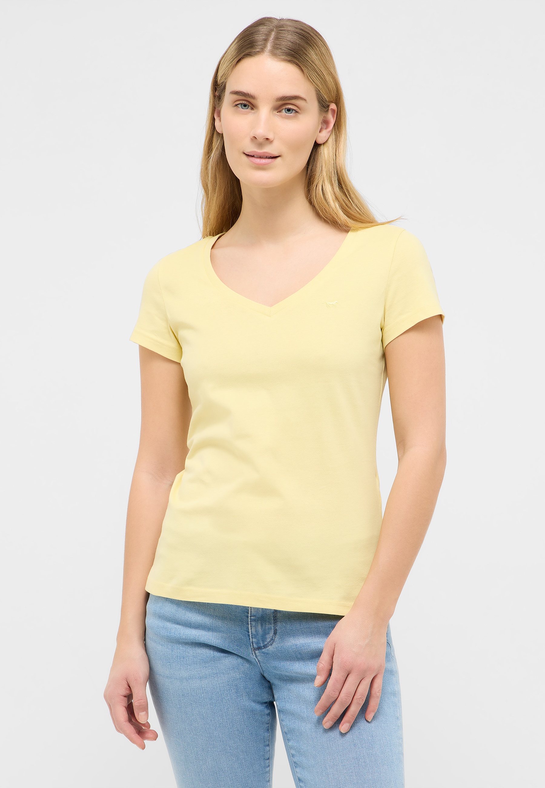 t-shirt, V-Ausschnitt, gelb, klein, bauschiges design