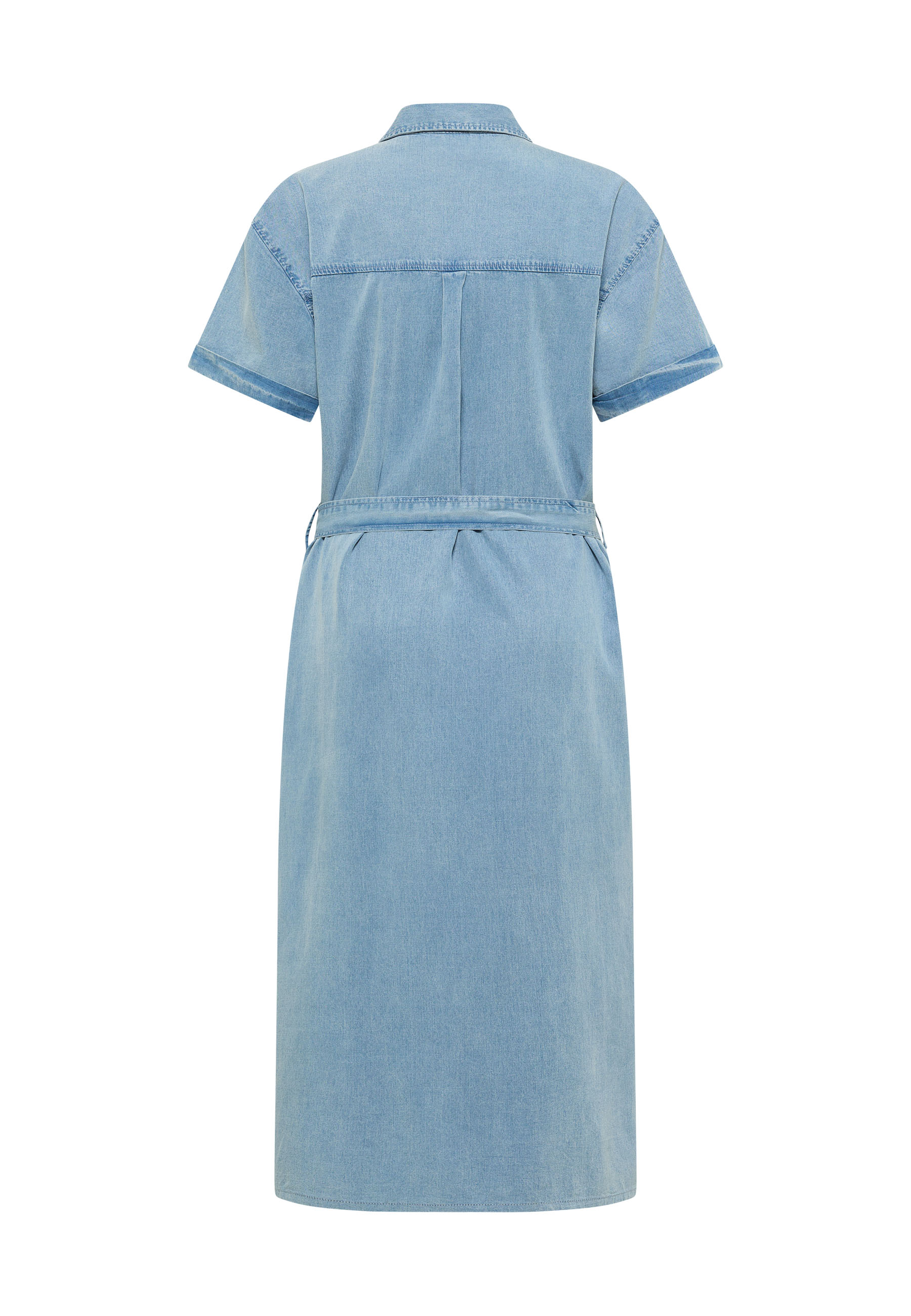 Denim Kleid, Kurzarm, Rückenansicht, Gürtel, Jeansstoff