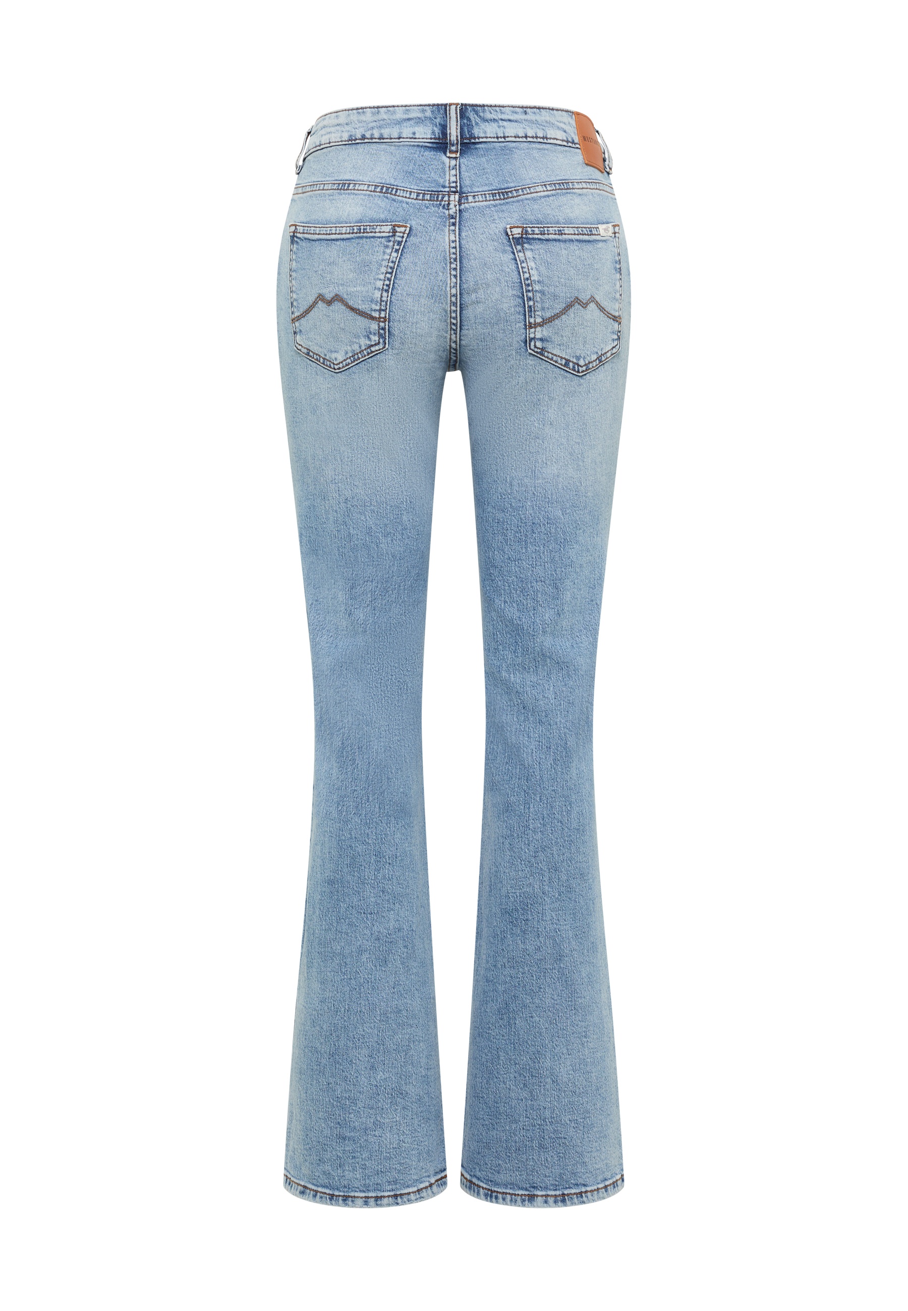 Jeans, Blue denim, Flare legs, Back pockets, Stitching detail