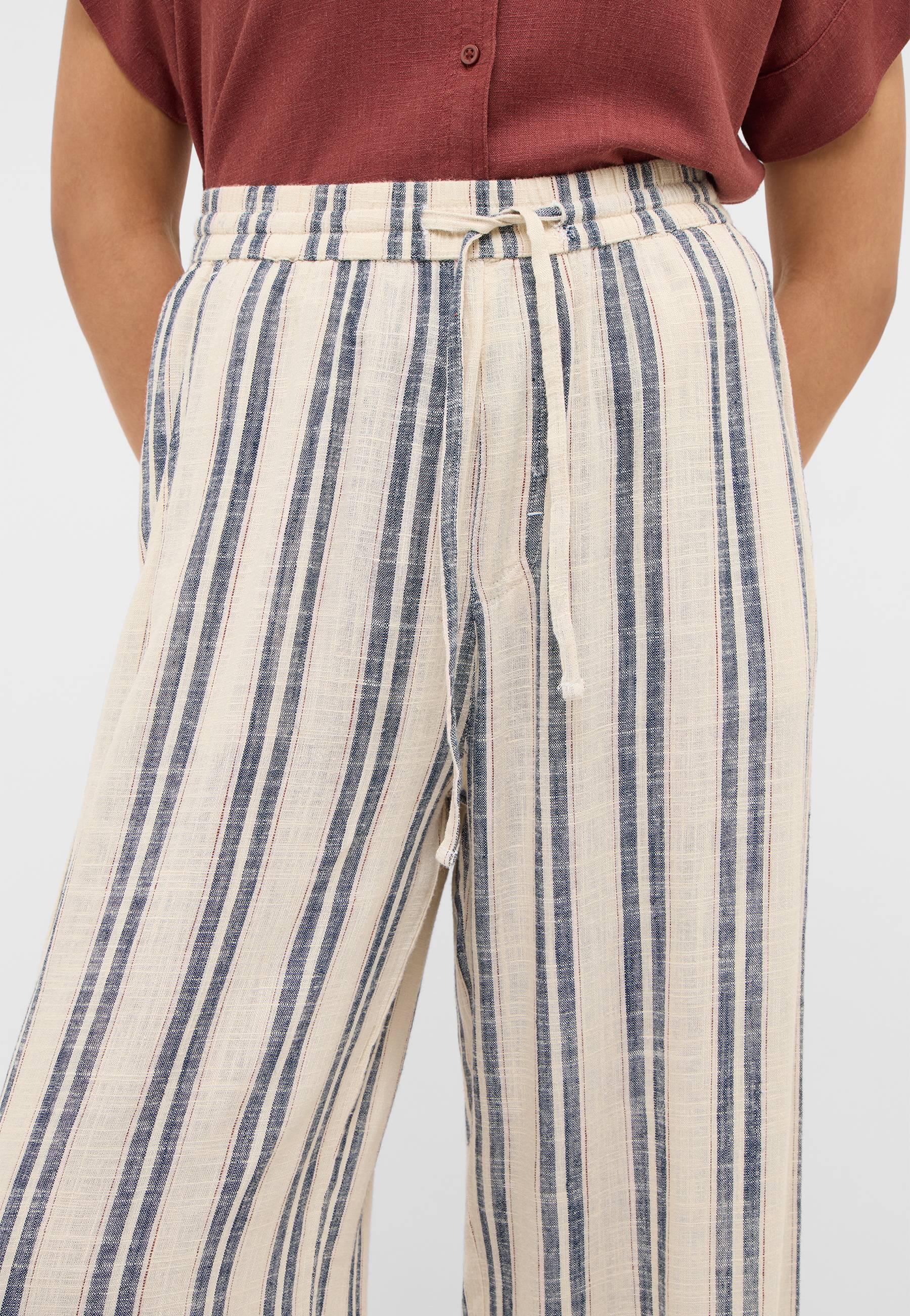 harem pants, linen pants, striped pants, drawstring waist, beige blue