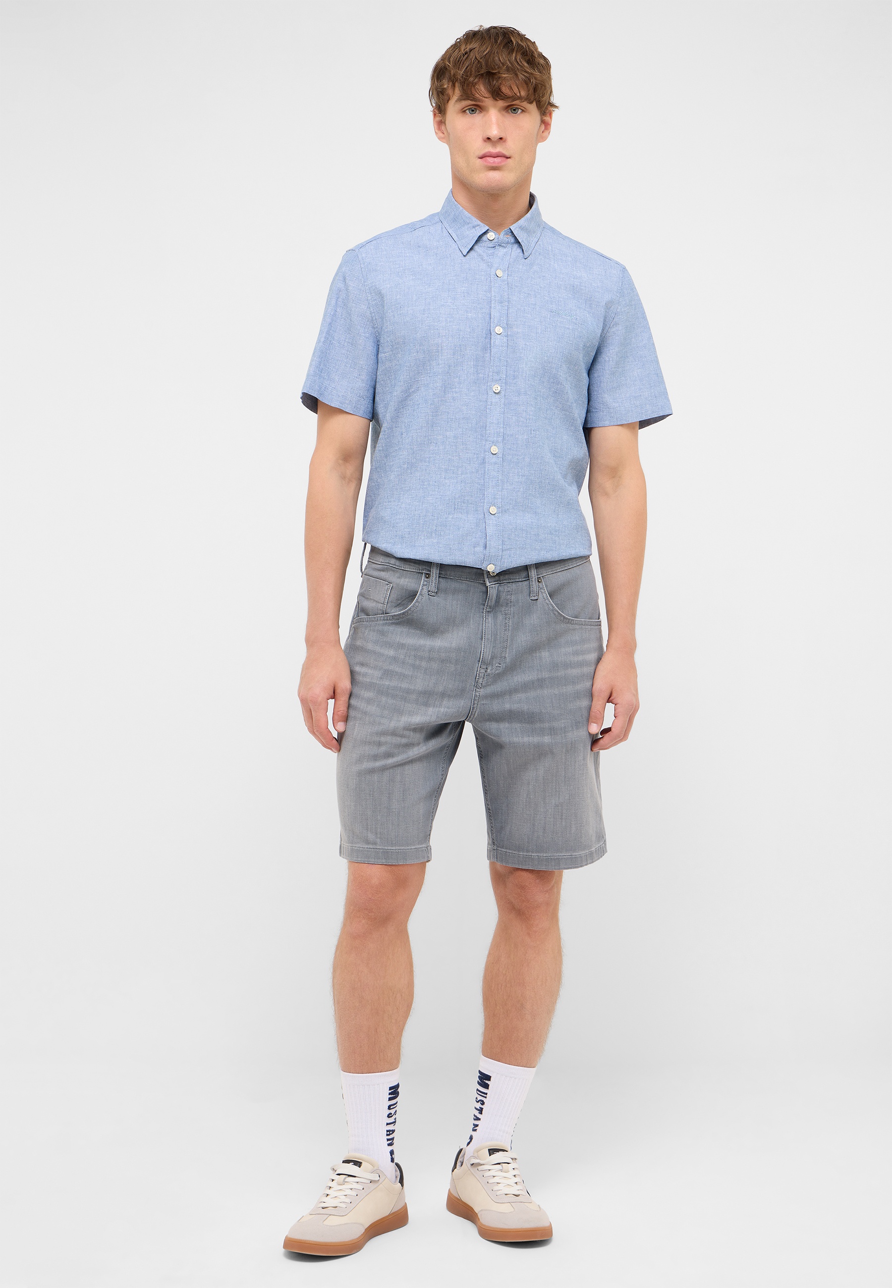 shirt, shorts, light blue, button-up, casual