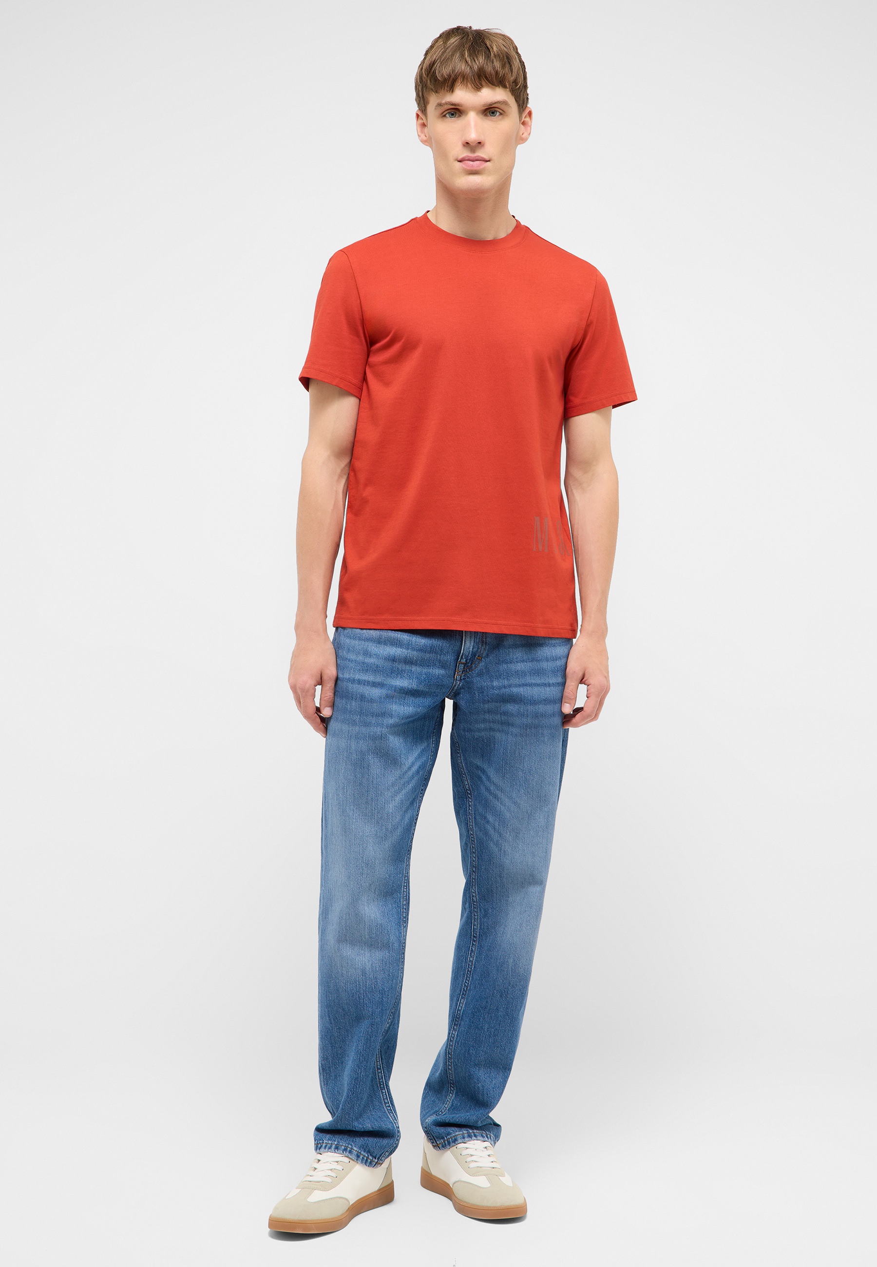 t-shirt, orange, kurzarm, baumwolle, jeans