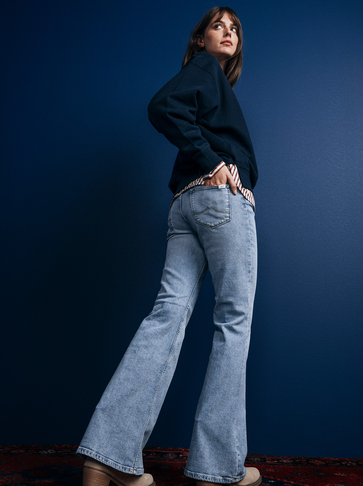 Jeans, Flare-Hose, Denim, Hosenbund mit Streifen, hohe Taille?