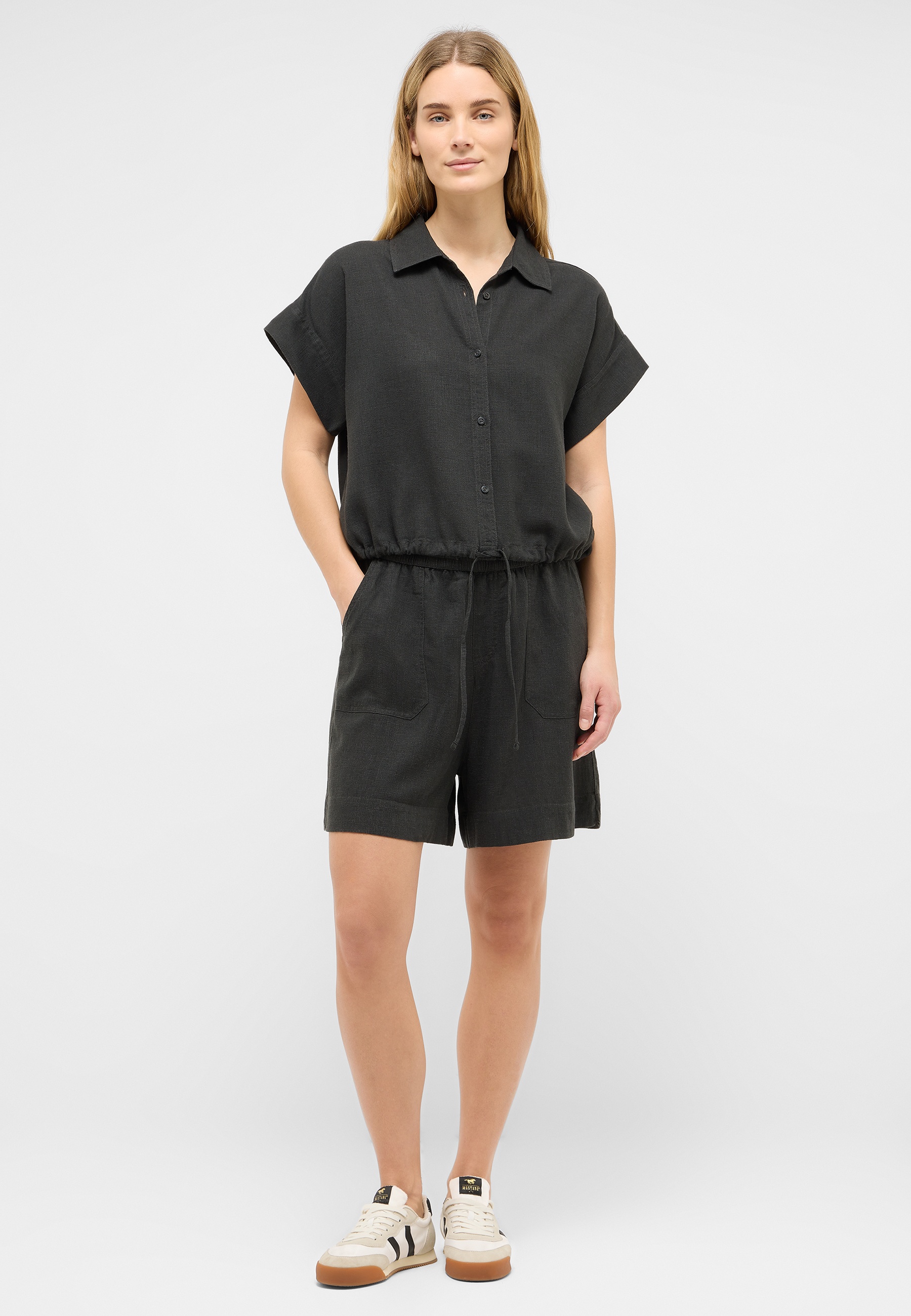 overall schwarz, kurze hosen, drawstring, kragenhemd, casual jumpsuit