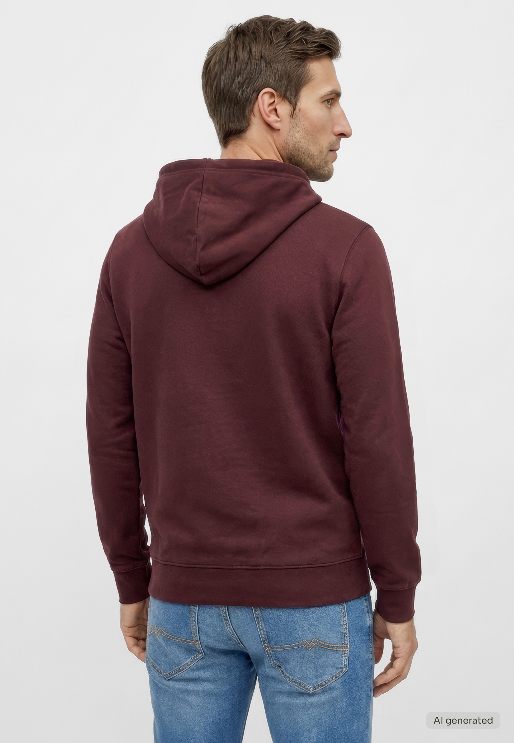 hoodie, hooded sweatshirt, maroon, long sleeves, back view