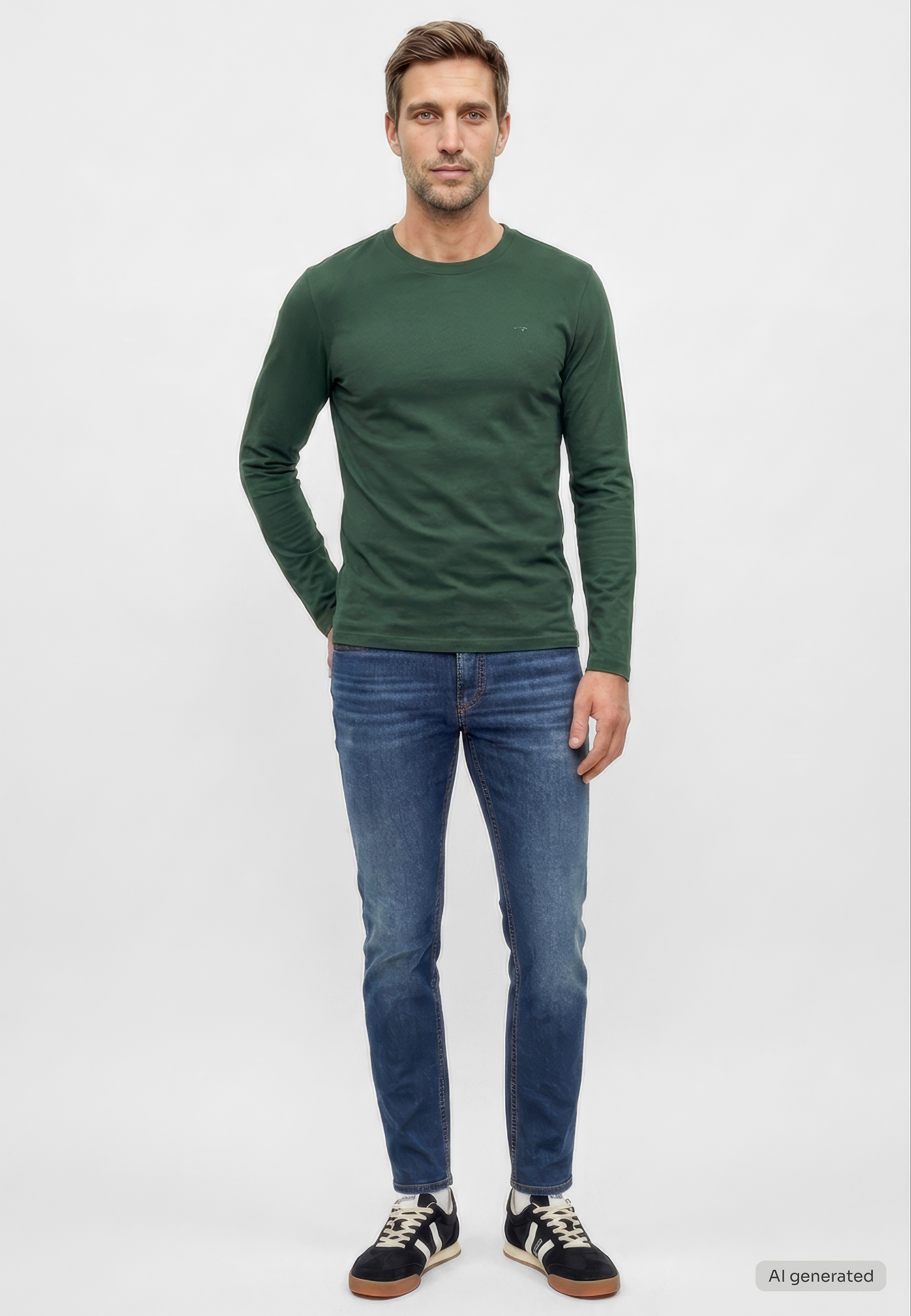 Herren-Langarmshirt, Rundhalsausschnitt, Dunkelgrün, Unifarben, Baumwolle