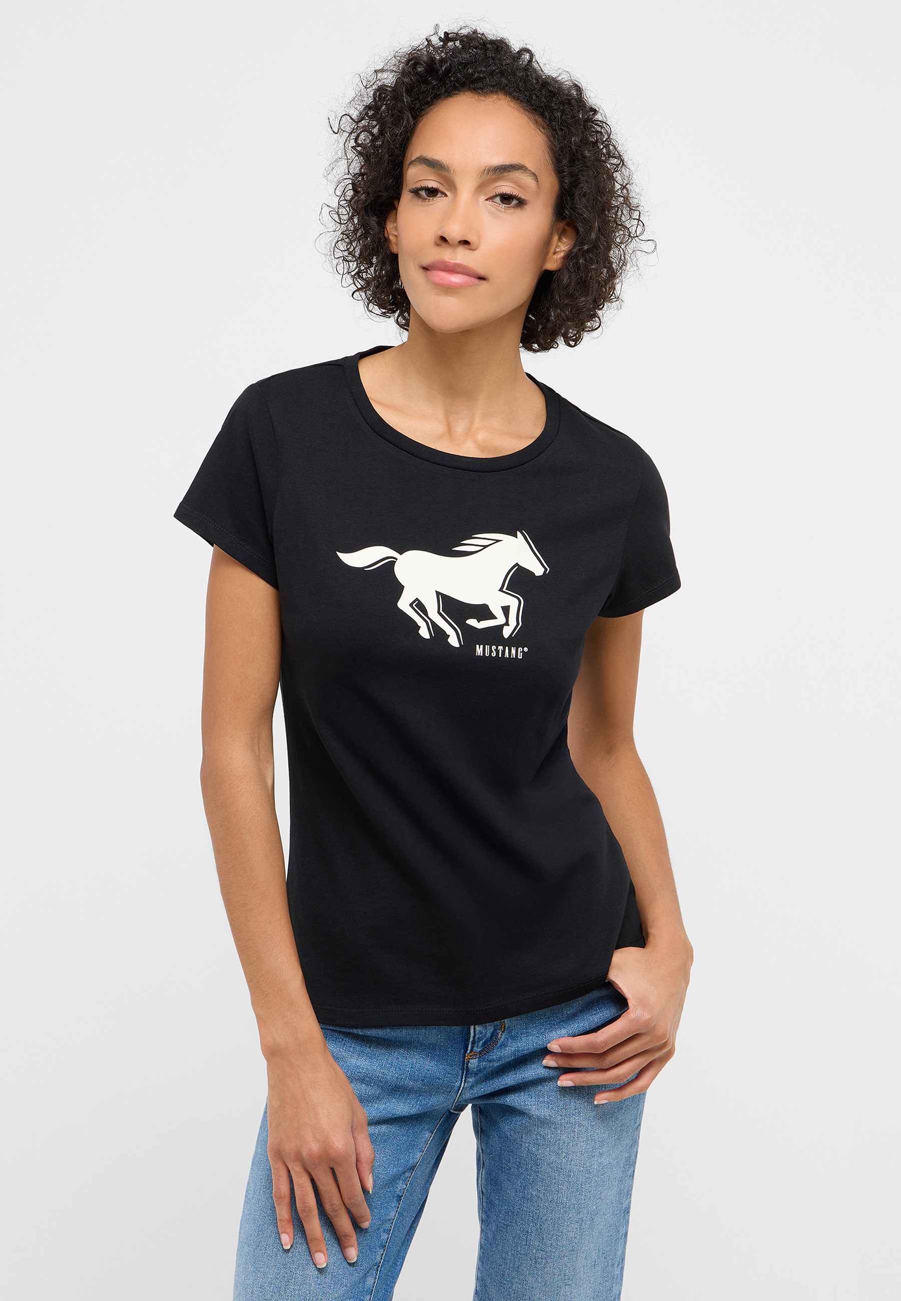 T-Shirt, Mustang-Logo, Kurzarm, Schwarz, Weißer Druck