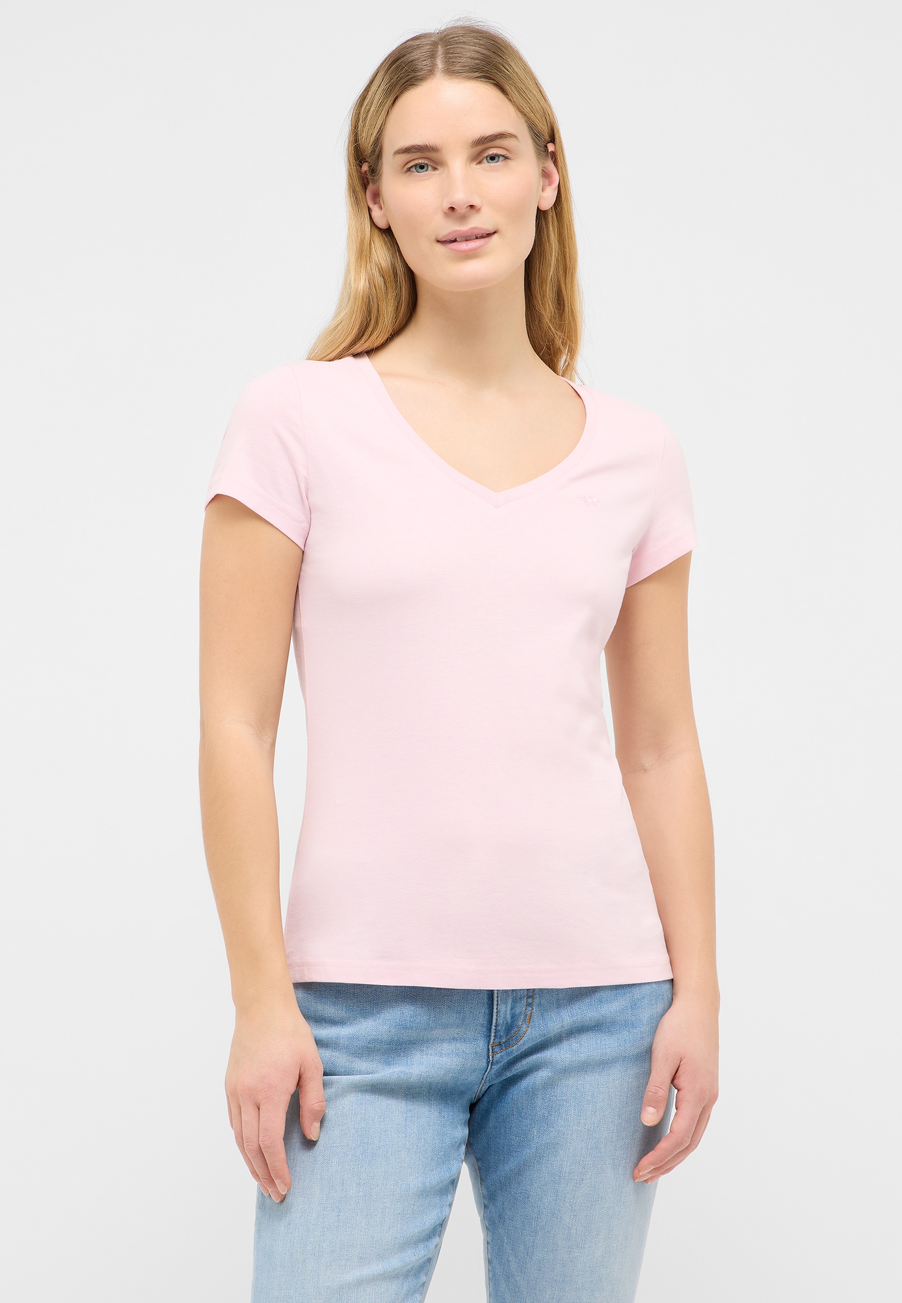 T-Shirt, V-Ausschnitt, Kurzarm, Rosa, Baumwolle