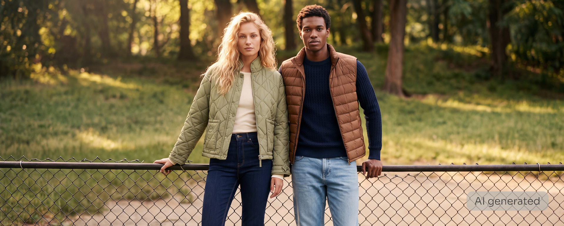 Quilted jacket, Layered outerwear, Beige-green jacket, Knit sweater, Jeans