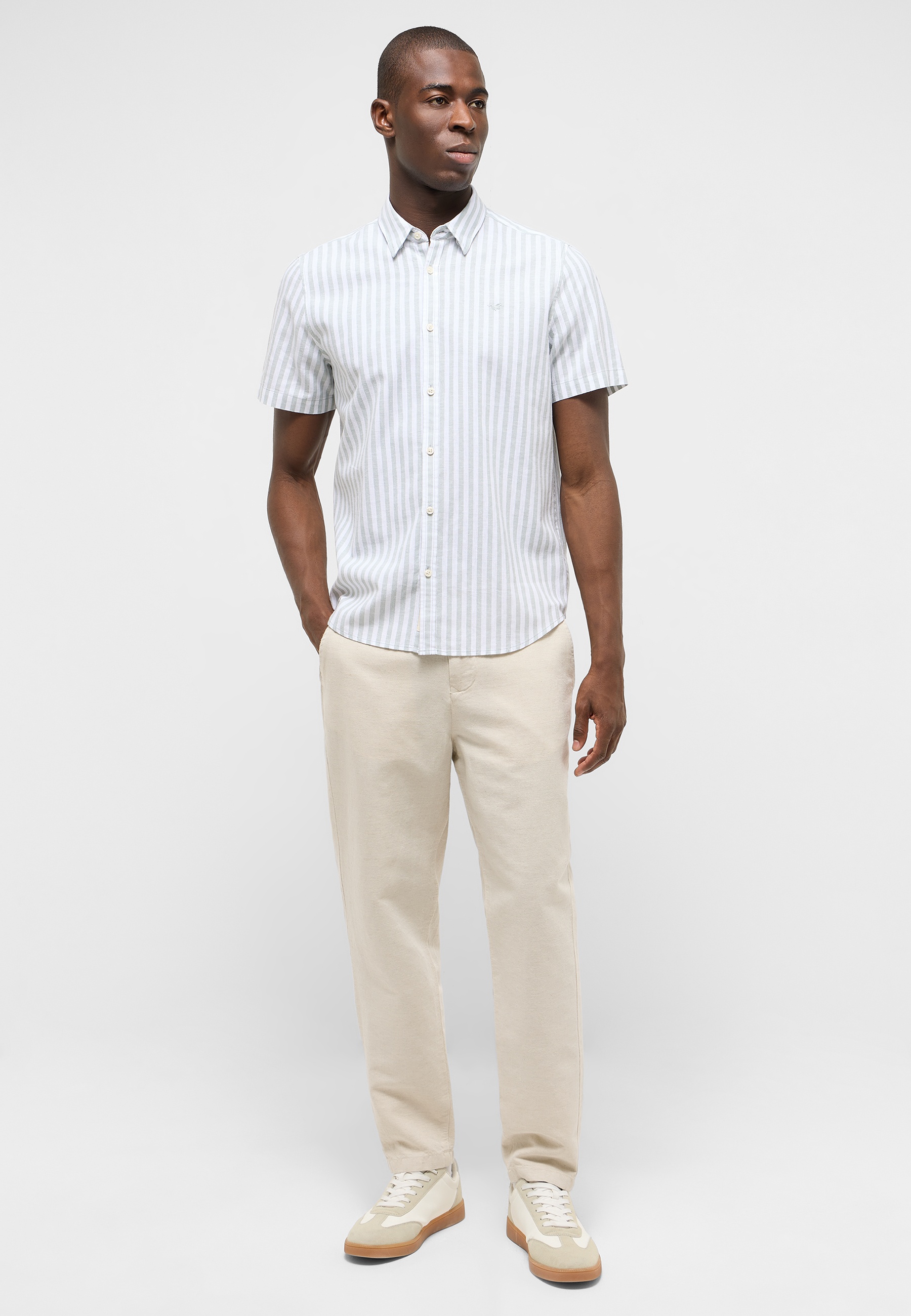 Hemd, Streifen, Kurzarm, Hellblau, Chinos
